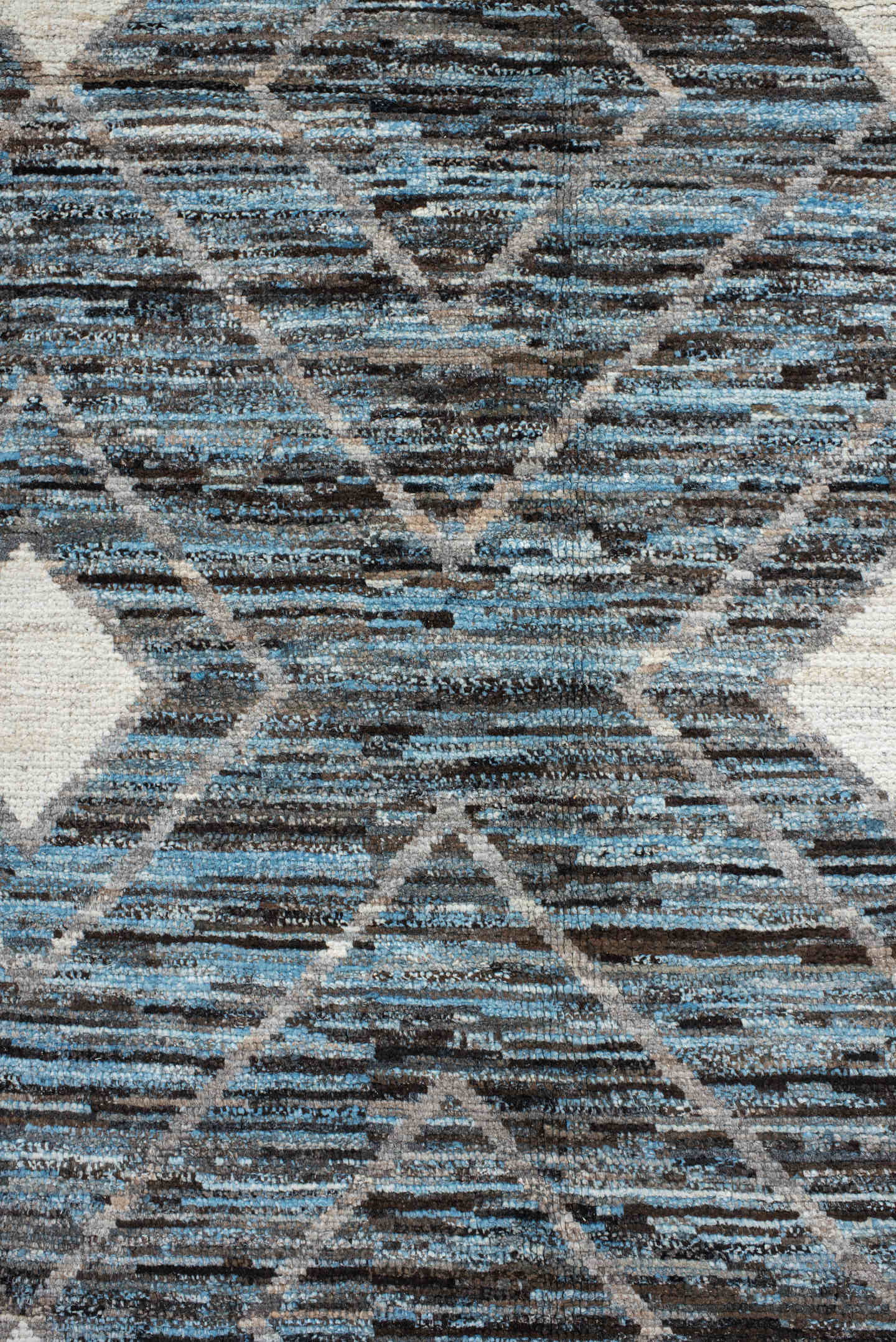 9' x 11' one-of-a-kind handmade vintage Tulu large size rug. Color palette: charcoal, ivory, turquoise, slate, sky_blue