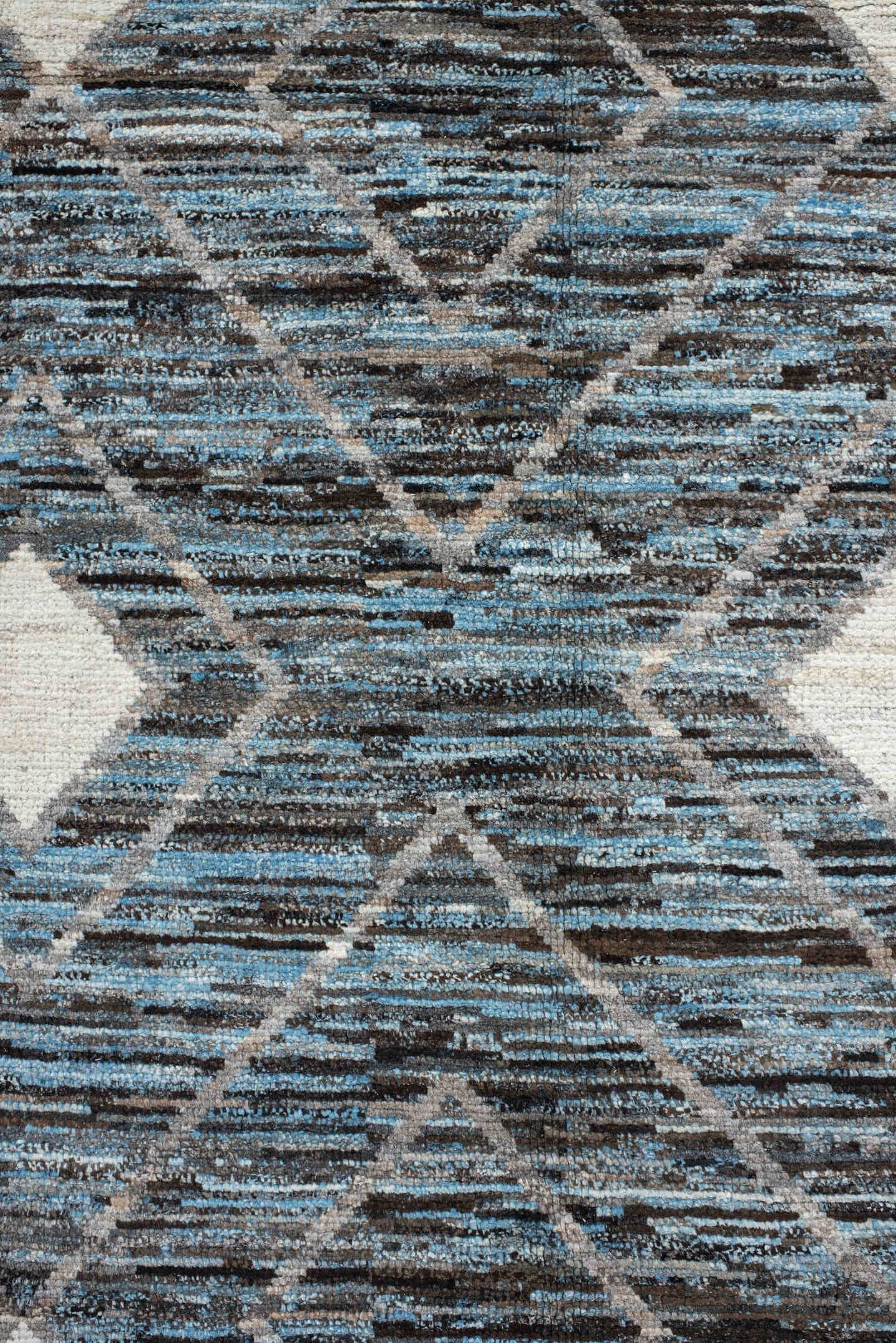 9' x 11' one-of-a-kind handmade vintage Tulu large size rug. Color palette: charcoal, ivory, turquoise, slate, sky_blue