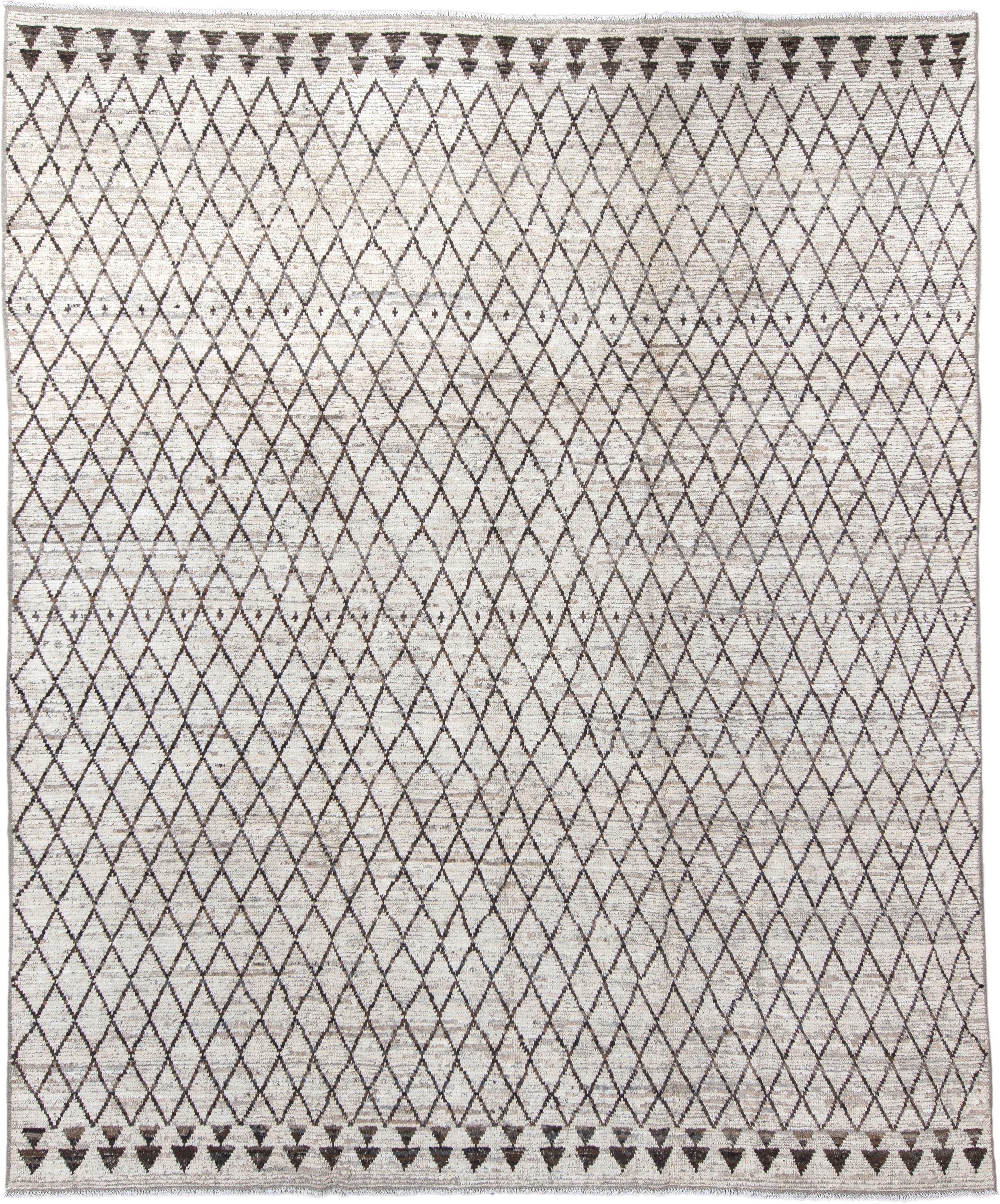 9' x 11' one-of-a-kind handmade vintage Tulu large size rug. Color palette: ivory, charcoal, taupe, brown, gray, black