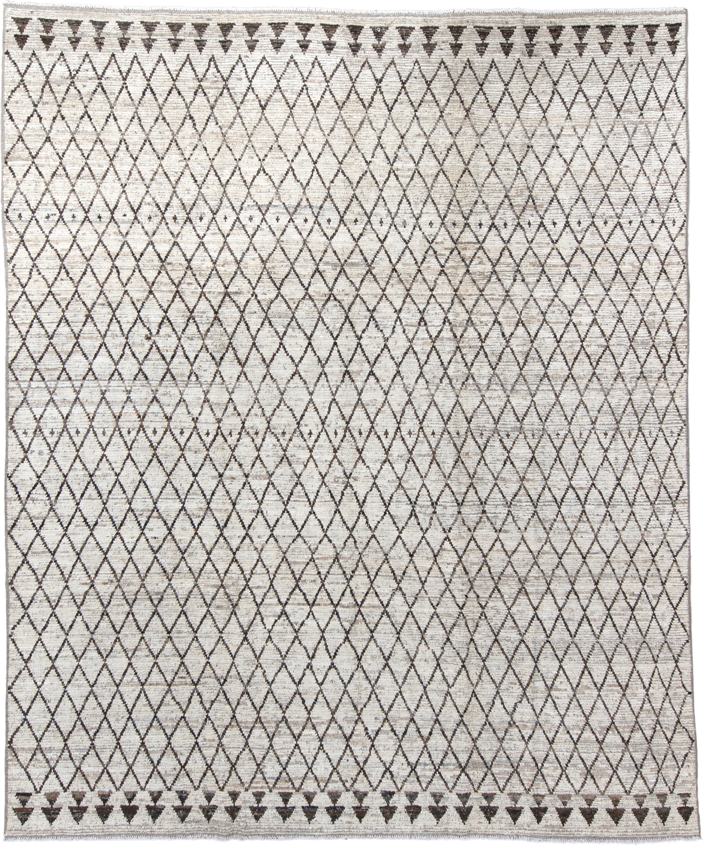 9' x 11' one-of-a-kind handmade vintage Tulu large size rug. Color palette: ivory, charcoal, taupe, brown, gray, black