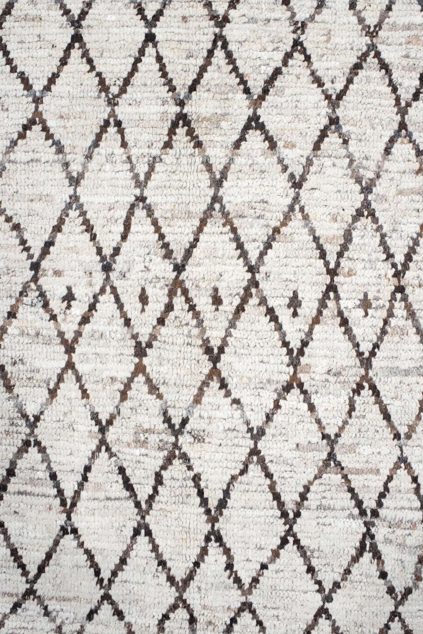 9' x 11' one-of-a-kind handmade vintage Tulu large size rug. Color palette: ivory, charcoal, taupe, brown, gray, black