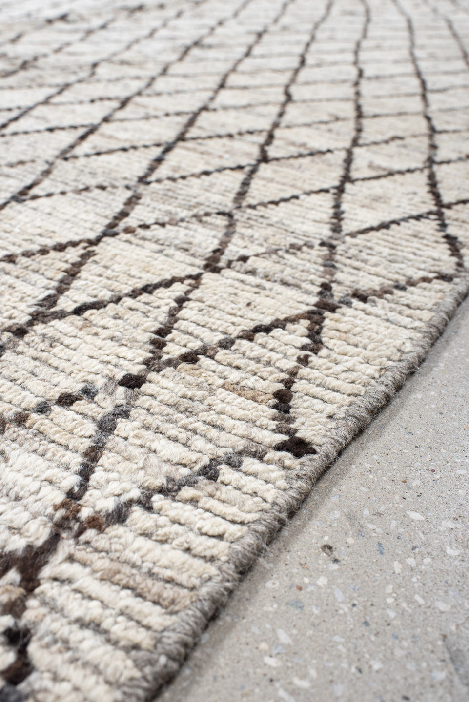 9' x 11' one-of-a-kind handmade vintage Tulu large size rug. Color palette: ivory, charcoal, taupe, brown, gray, black
