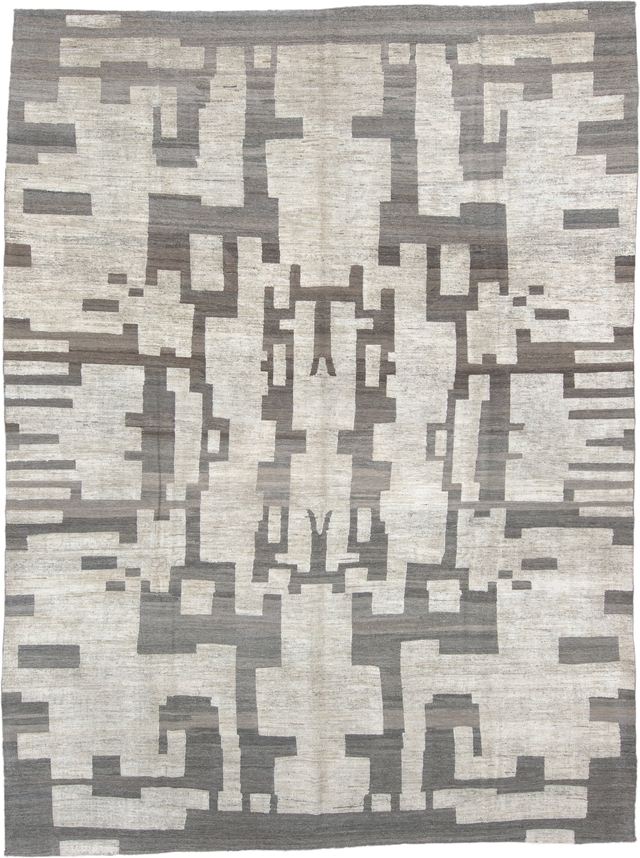 10' x 13' one-of-a-kind handmade vintage Tulu large size rug. Color palette: ivory, gray, taupe, beige