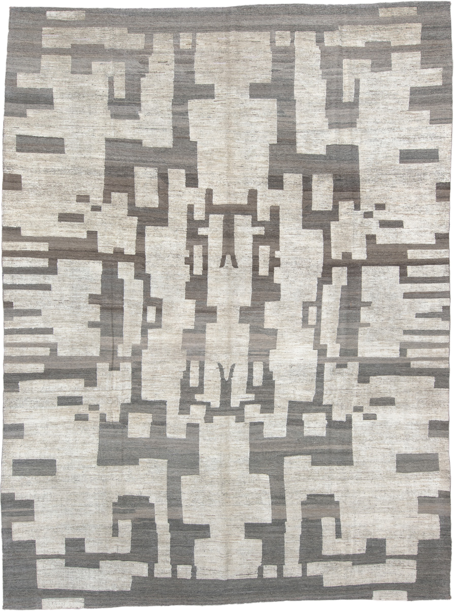 10' x 13' one-of-a-kind handmade vintage Tulu large size rug. Color palette: ivory, gray, taupe, beige