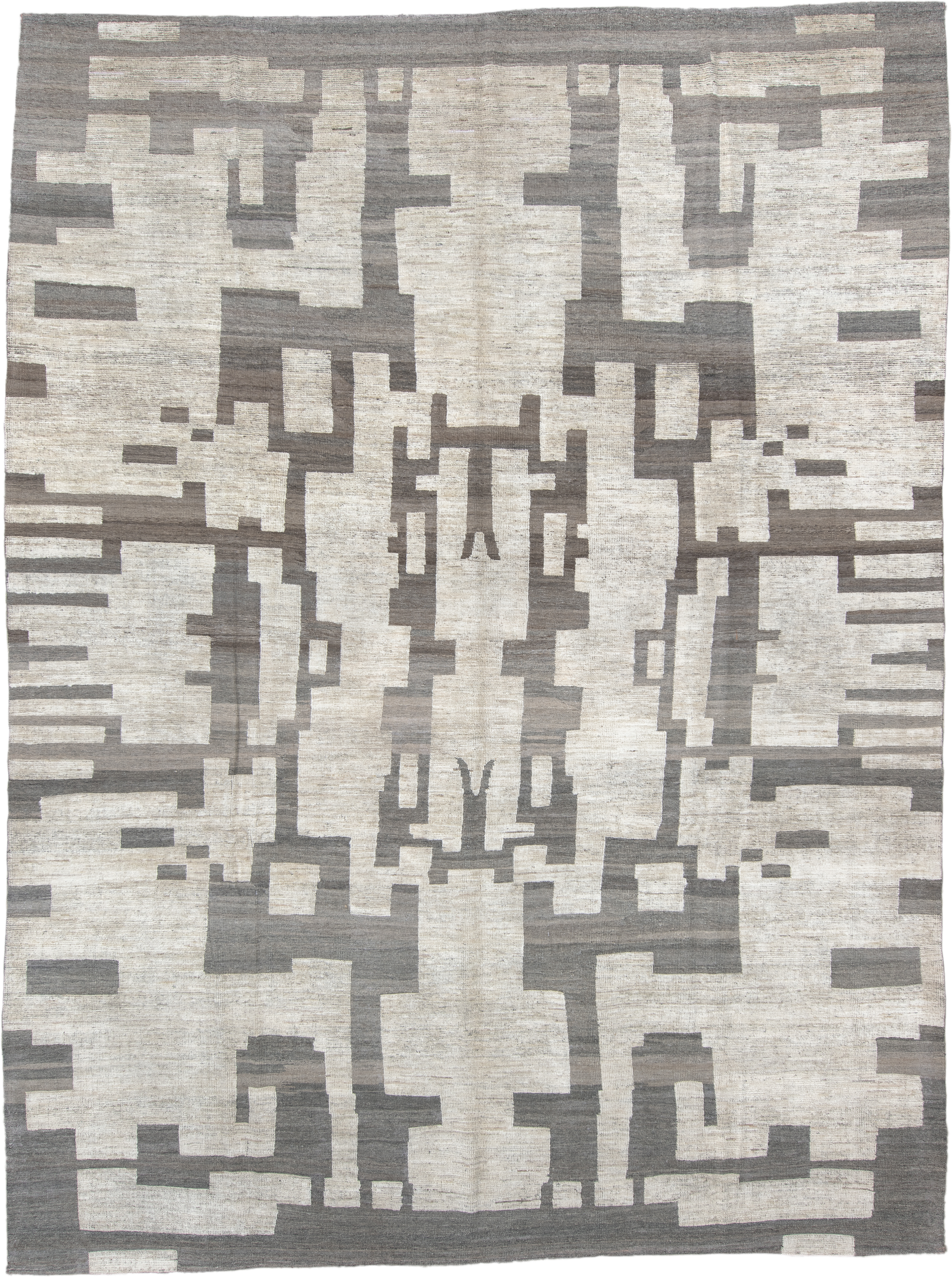 10' x 13' one-of-a-kind handmade vintage Tulu large size rug. Color palette: ivory, gray, taupe, beige