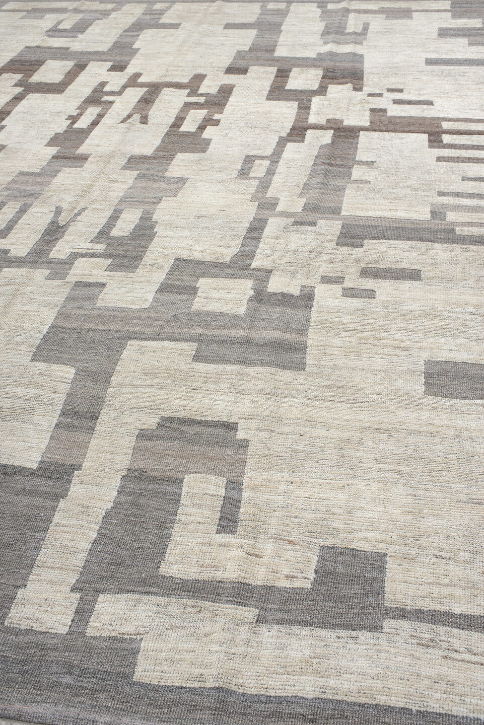 10' x 13' one-of-a-kind handmade vintage Tulu large size rug. Color palette: ivory, gray, taupe, beige