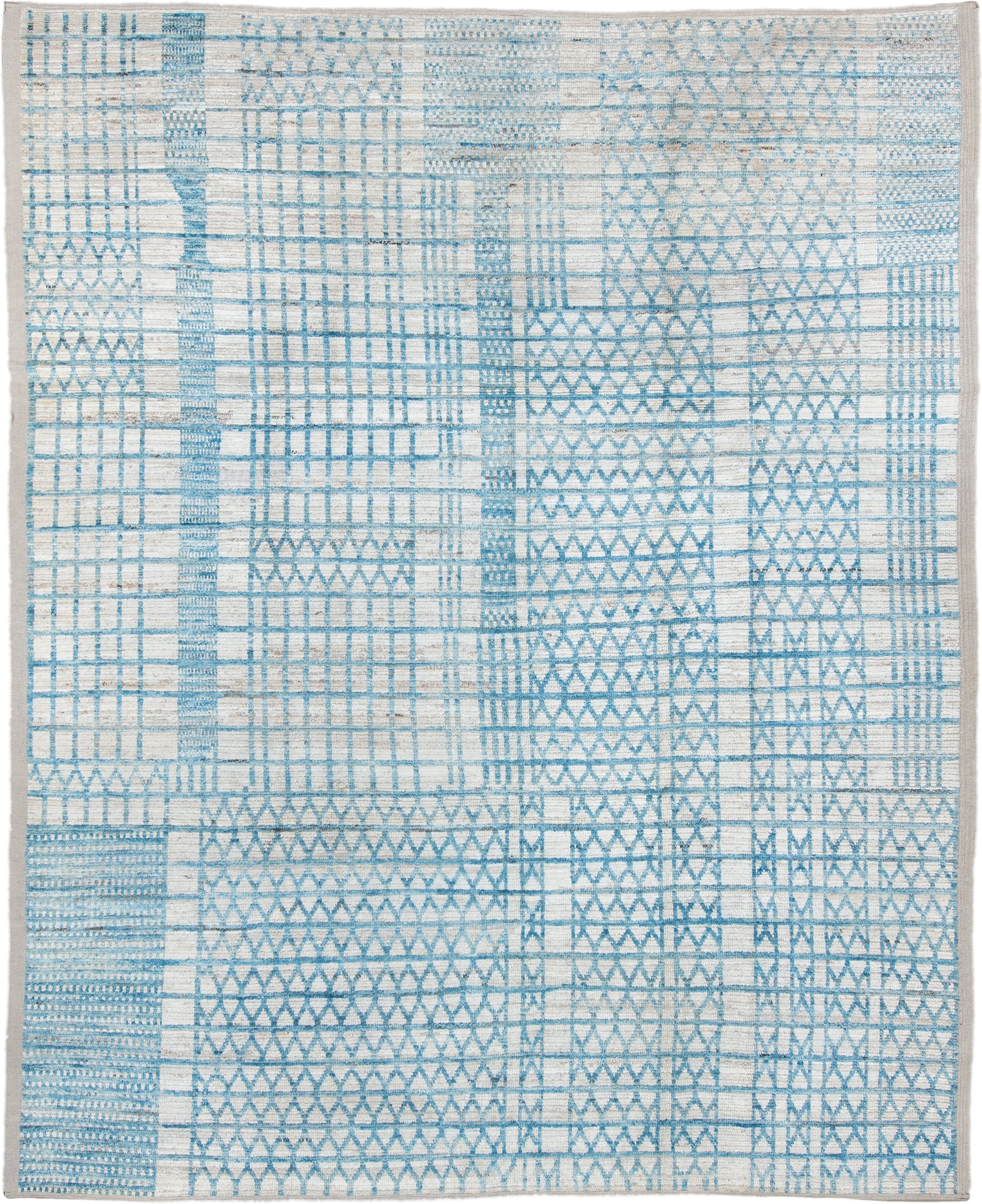 9' x 11' one-of-a-kind handmade vintage Tulu large size rug. Color palette: ivory, sky blue, pale blue, light gray