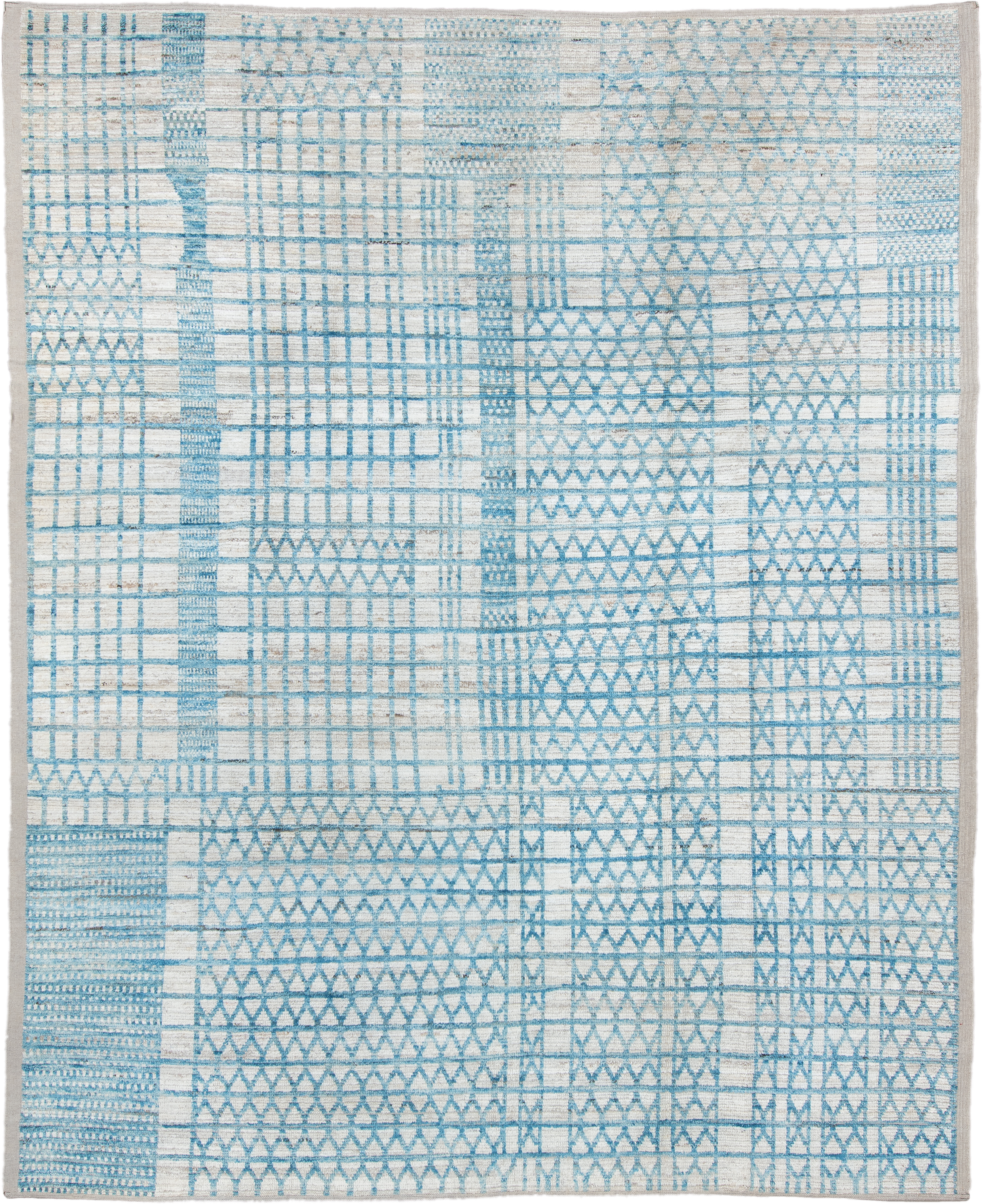 9' x 11' one-of-a-kind handmade vintage Tulu large size rug. Color palette: ivory, sky blue, pale blue, light gray