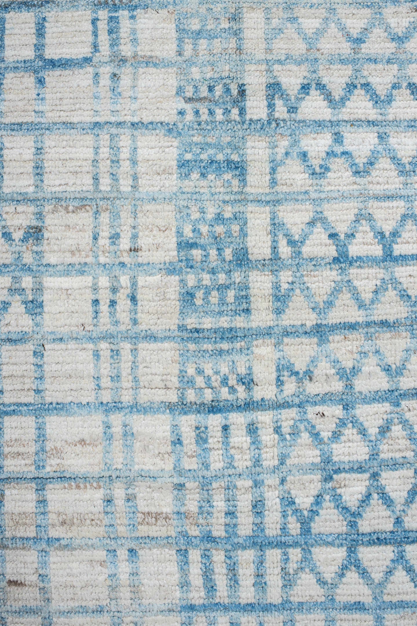 9' x 11' one-of-a-kind handmade vintage Tulu large size rug. Color palette: ivory, sky blue, pale blue, light gray