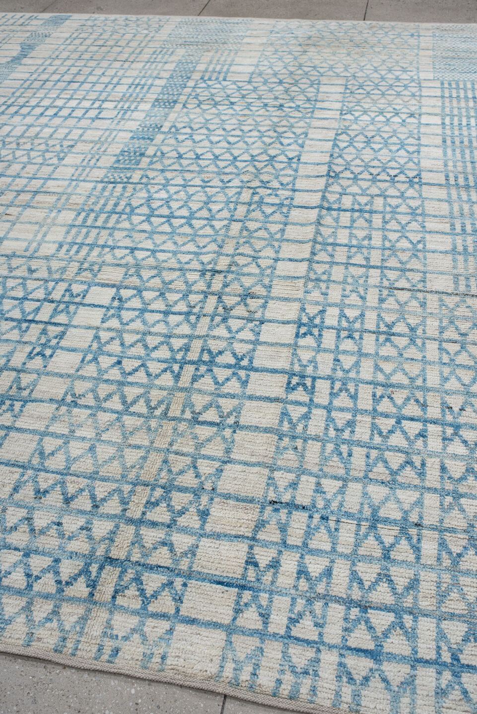 9' x 11' one-of-a-kind handmade vintage Tulu large size rug. Color palette: ivory, sky blue, pale blue, light gray