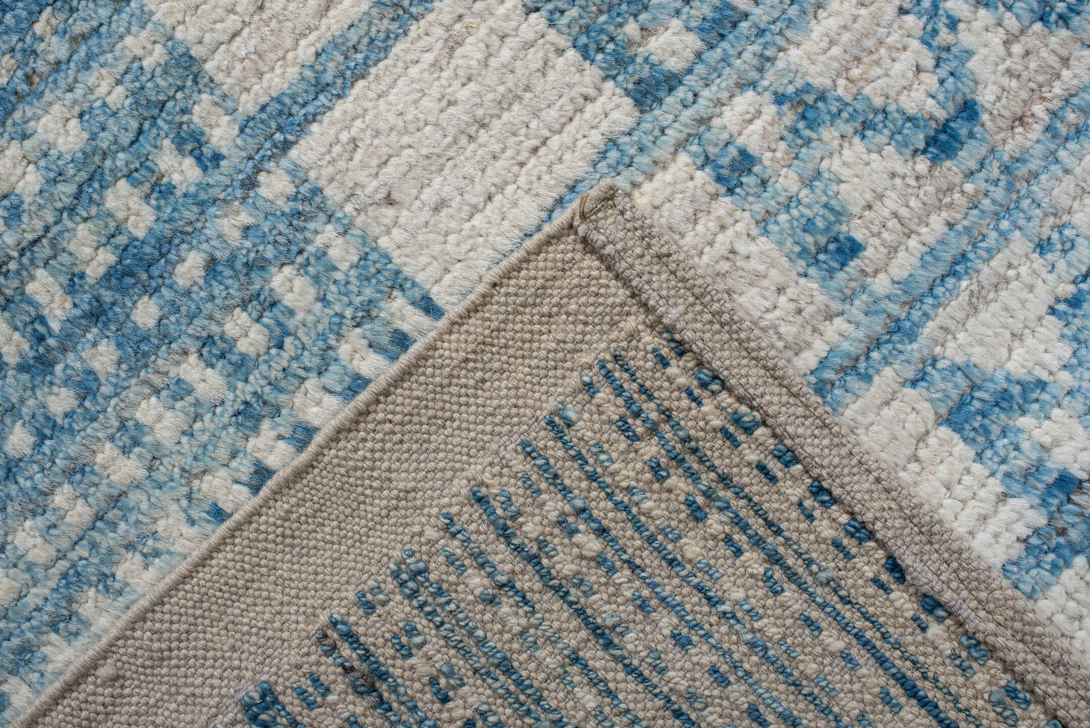 9' x 11' one-of-a-kind handmade vintage Tulu large size rug. Color palette: ivory, sky blue, pale blue, light gray