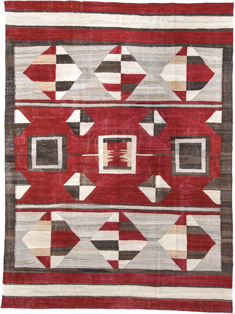 8' x 11' one-of-a-kind handmade vintage Kilim large size rug. Color palette: red, ivory, charcoal, taupe, cream, gray, black