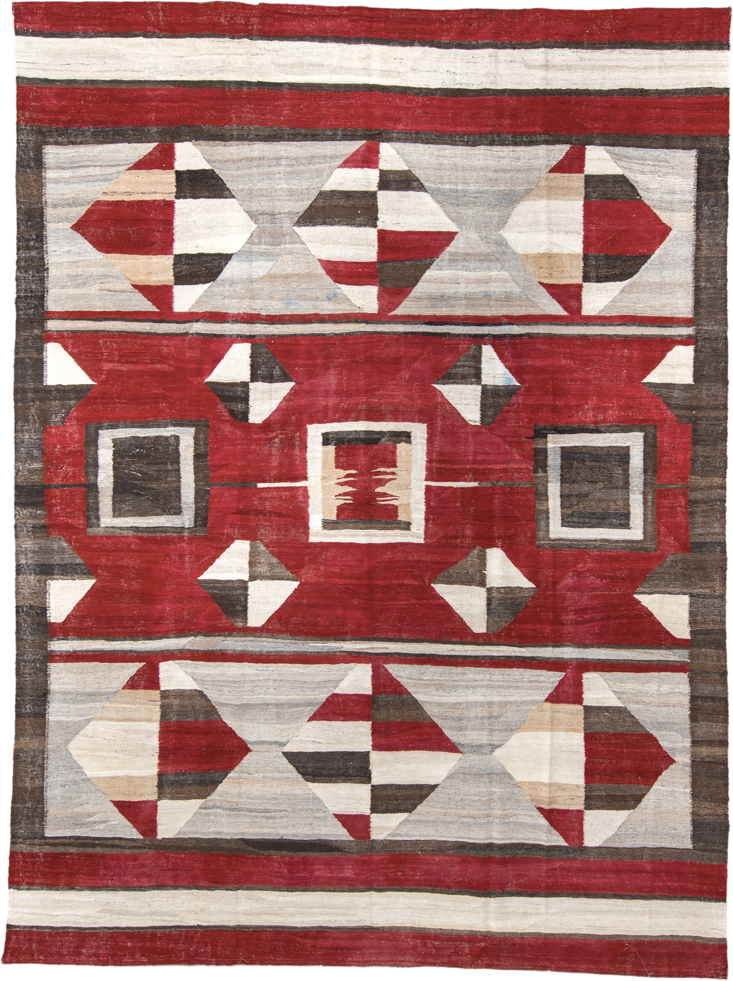 8' x 11' one-of-a-kind handmade vintage Kilim large size rug. Color palette: red, ivory, charcoal, taupe, cream, gray, black