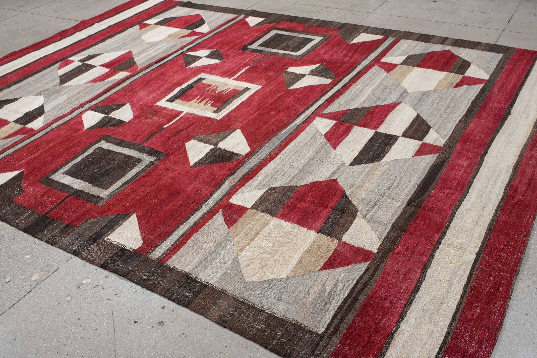 8' x 11' one-of-a-kind handmade vintage Kilim large size rug. Color palette: red, ivory, charcoal, taupe, cream, gray, black