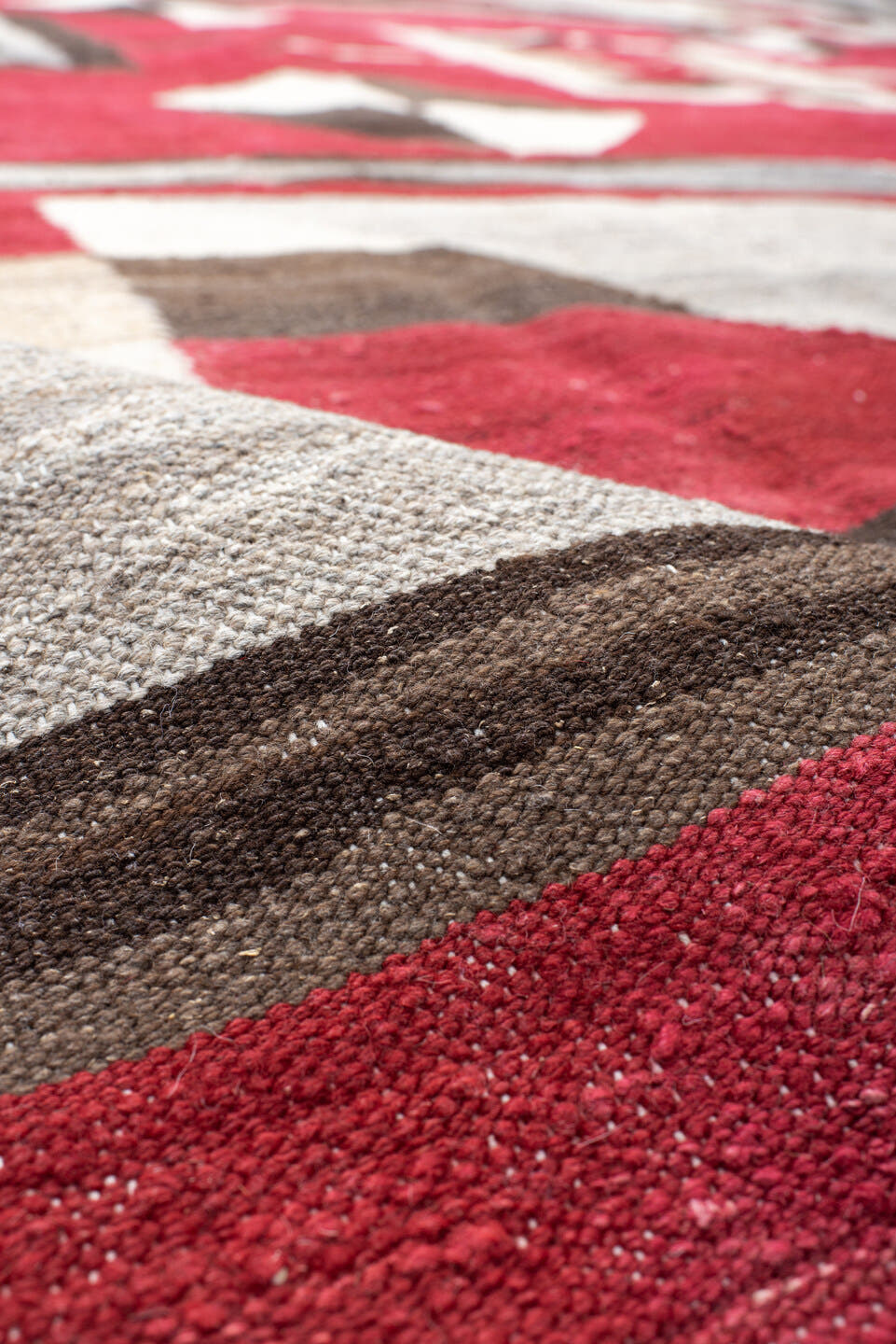 8' x 11' one-of-a-kind handmade vintage Kilim large size rug. Color palette: red, ivory, charcoal, taupe, cream, gray, black