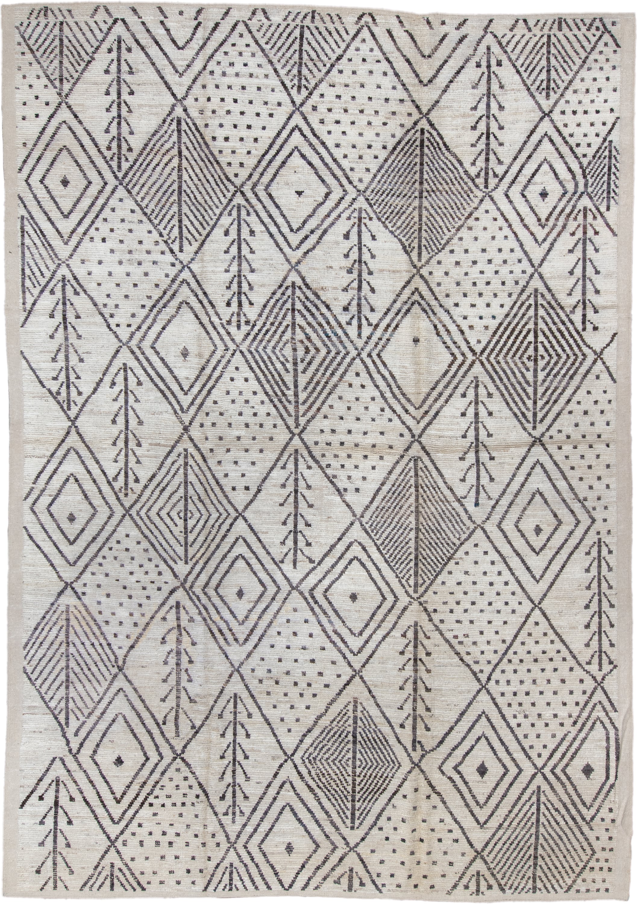 10' x 14' one-of-a-kind handmade vintage Tulu large size rug. Color palette: ivory, charcoal, taupe, brown, gray, black