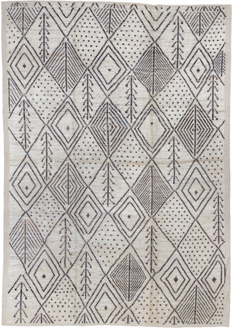 10' x 14' one-of-a-kind handmade vintage Tulu large size rug. Color palette: ivory, charcoal, taupe, brown, gray, black