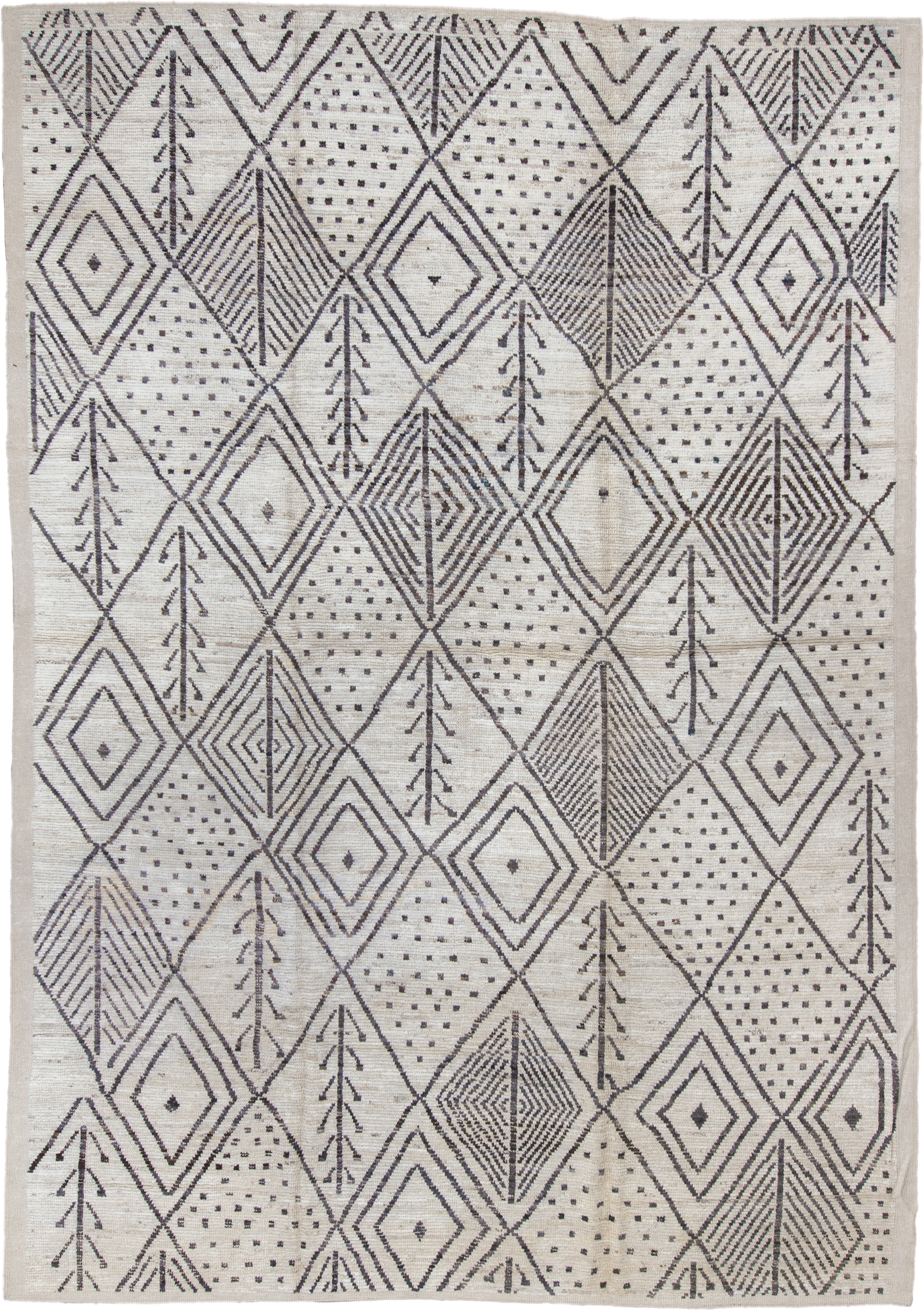 10' x 14' one-of-a-kind handmade vintage Tulu large size rug. Color palette: ivory, charcoal, taupe, brown, gray, black