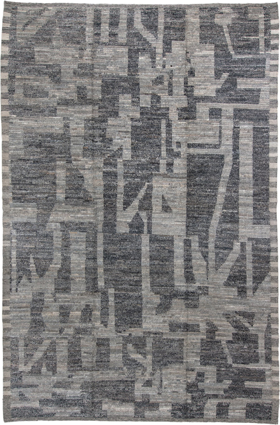 9' x 14' one-of-a-kind handmade vintage Tulu large size rug. Color palette: gray, charcoal, slate, ivory, taupe, black