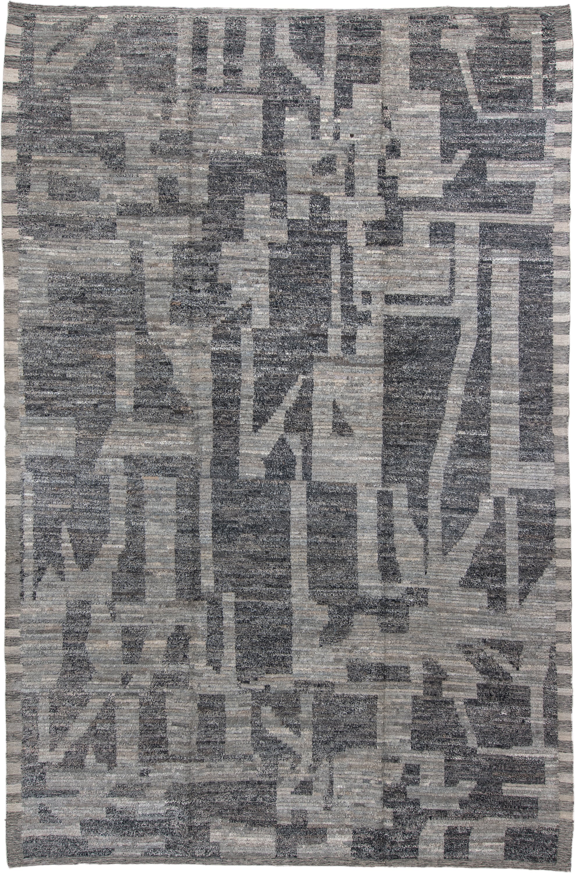 9' x 14' one-of-a-kind handmade vintage Tulu large size rug. Color palette: gray, charcoal, slate, ivory, taupe, black