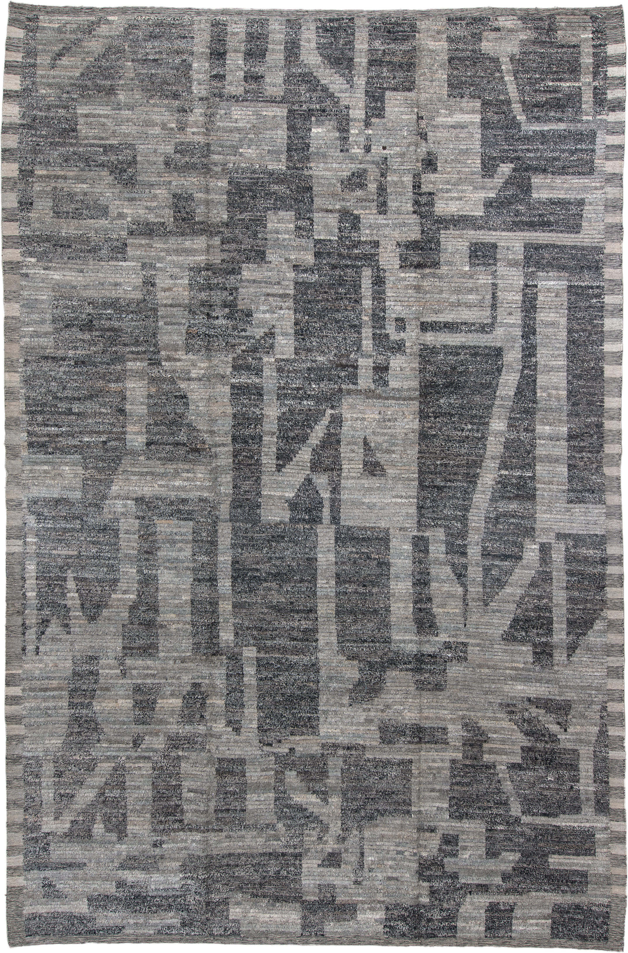 9' x 14' one-of-a-kind handmade vintage Tulu large size rug. Color palette: gray, charcoal, slate, ivory, taupe, black