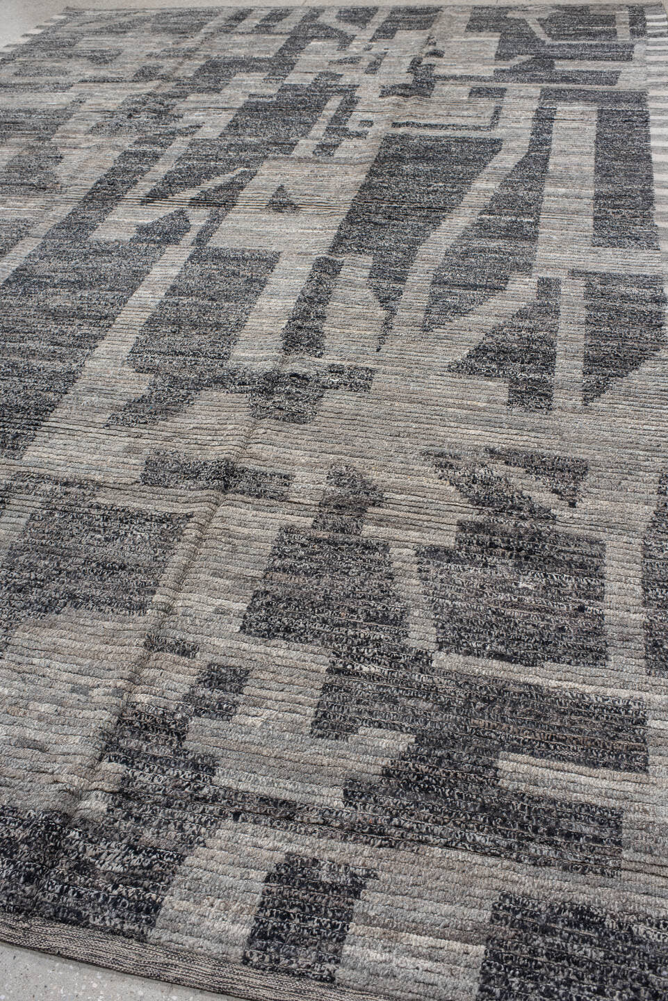 9' x 14' one-of-a-kind handmade vintage Tulu large size rug. Color palette: gray, charcoal, slate, ivory, taupe, black