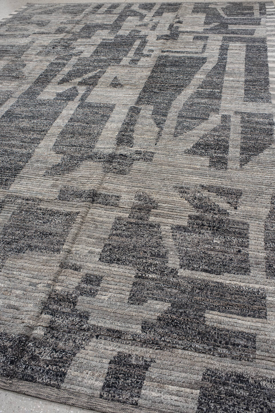 9' x 14' one-of-a-kind handmade vintage Tulu large size rug. Color palette: gray, charcoal, slate, ivory, taupe, black