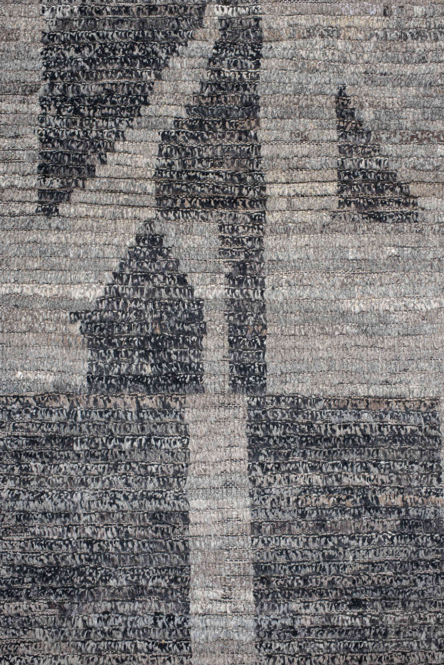9' x 14' one-of-a-kind handmade vintage Tulu large size rug. Color palette: gray, charcoal, slate, ivory, taupe, black
