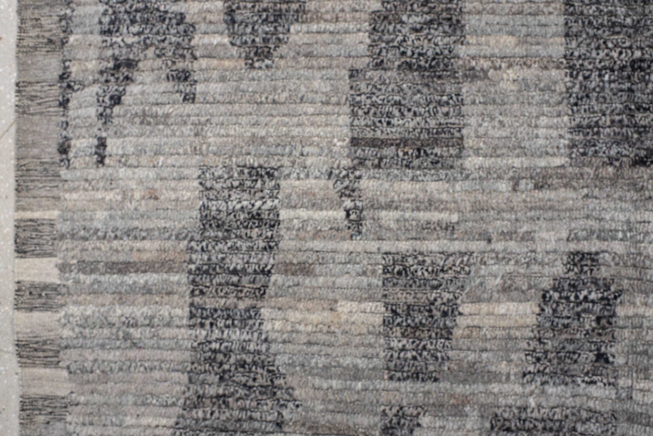 9' x 14' one-of-a-kind handmade vintage Tulu large size rug. Color palette: gray, charcoal, slate, ivory, taupe, black