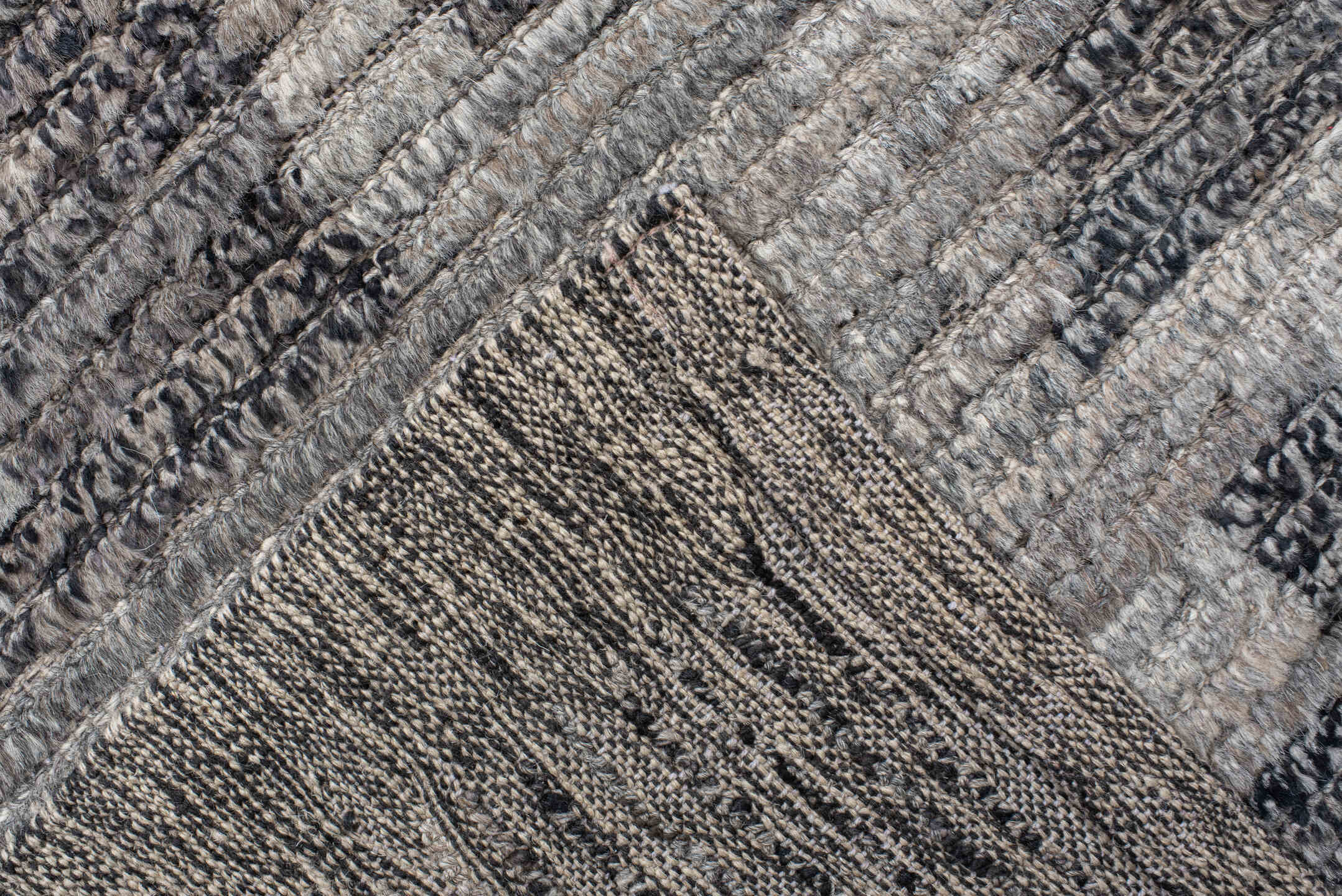 9' x 14' one-of-a-kind handmade vintage Tulu large size rug. Color palette: gray, charcoal, slate, ivory, taupe, black