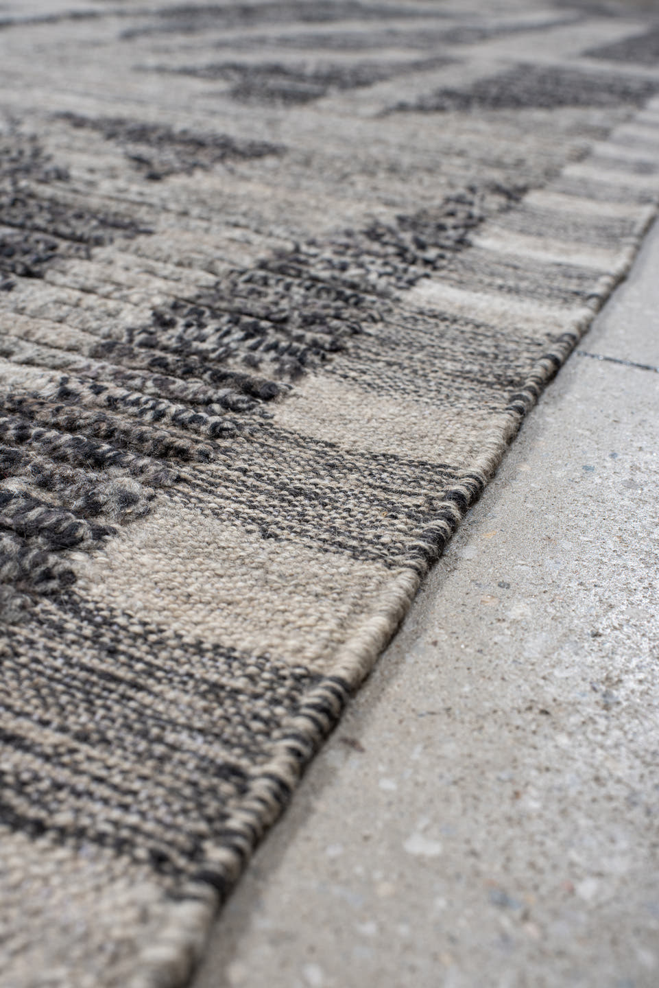 9' x 14' one-of-a-kind handmade vintage Tulu large size rug. Color palette: gray, charcoal, slate, ivory, taupe, black