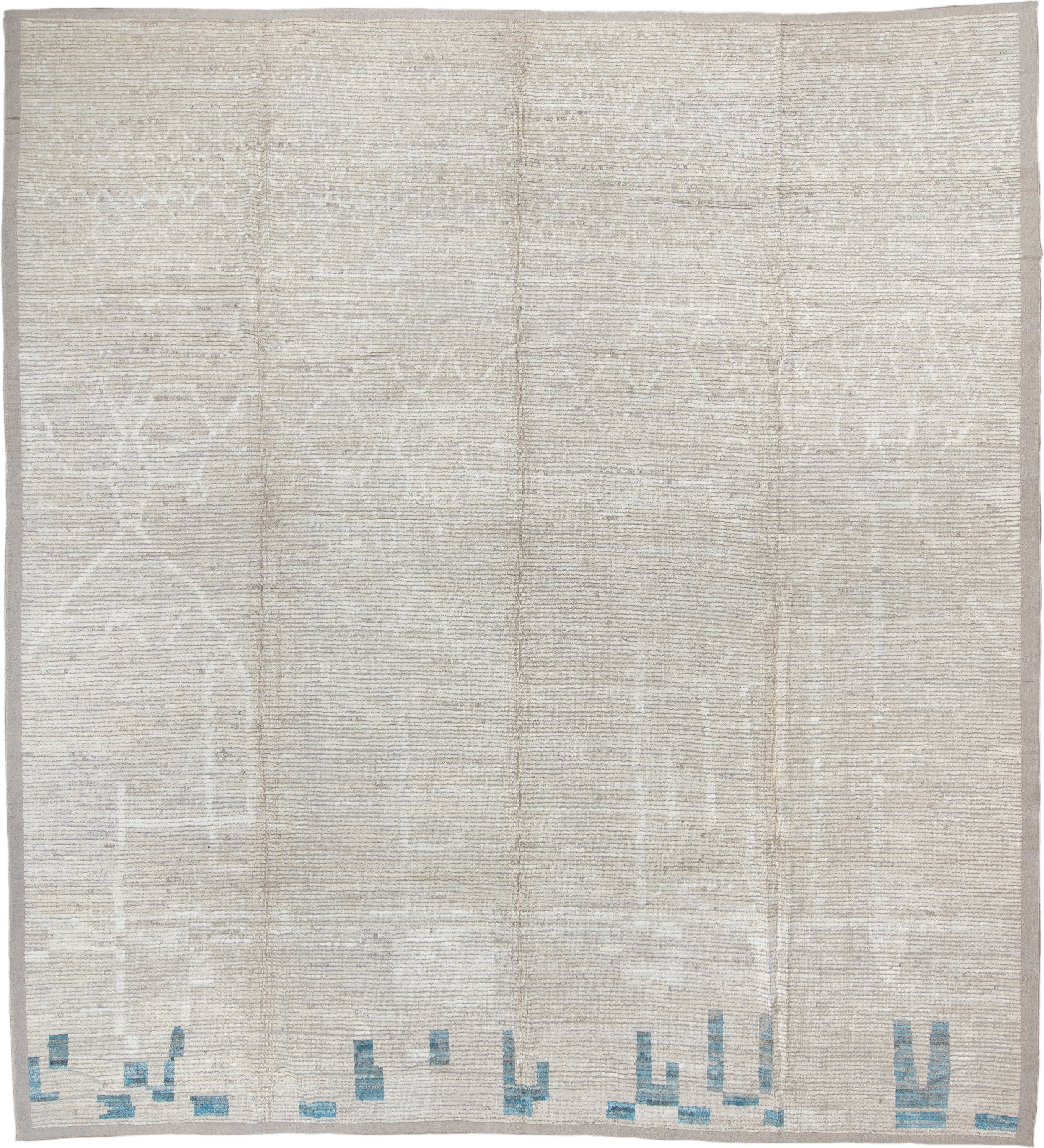 13' x 14' one-of-a-kind handmade vintage Tulu oversize rug. Color palette: ivory, cream, taupe, sky_blue, beige, gray