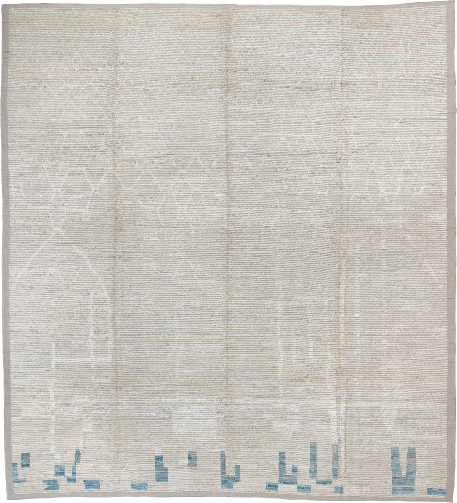 13' x 14' one-of-a-kind handmade vintage Tulu oversize rug. Color palette: ivory, cream, taupe, sky_blue, beige, gray