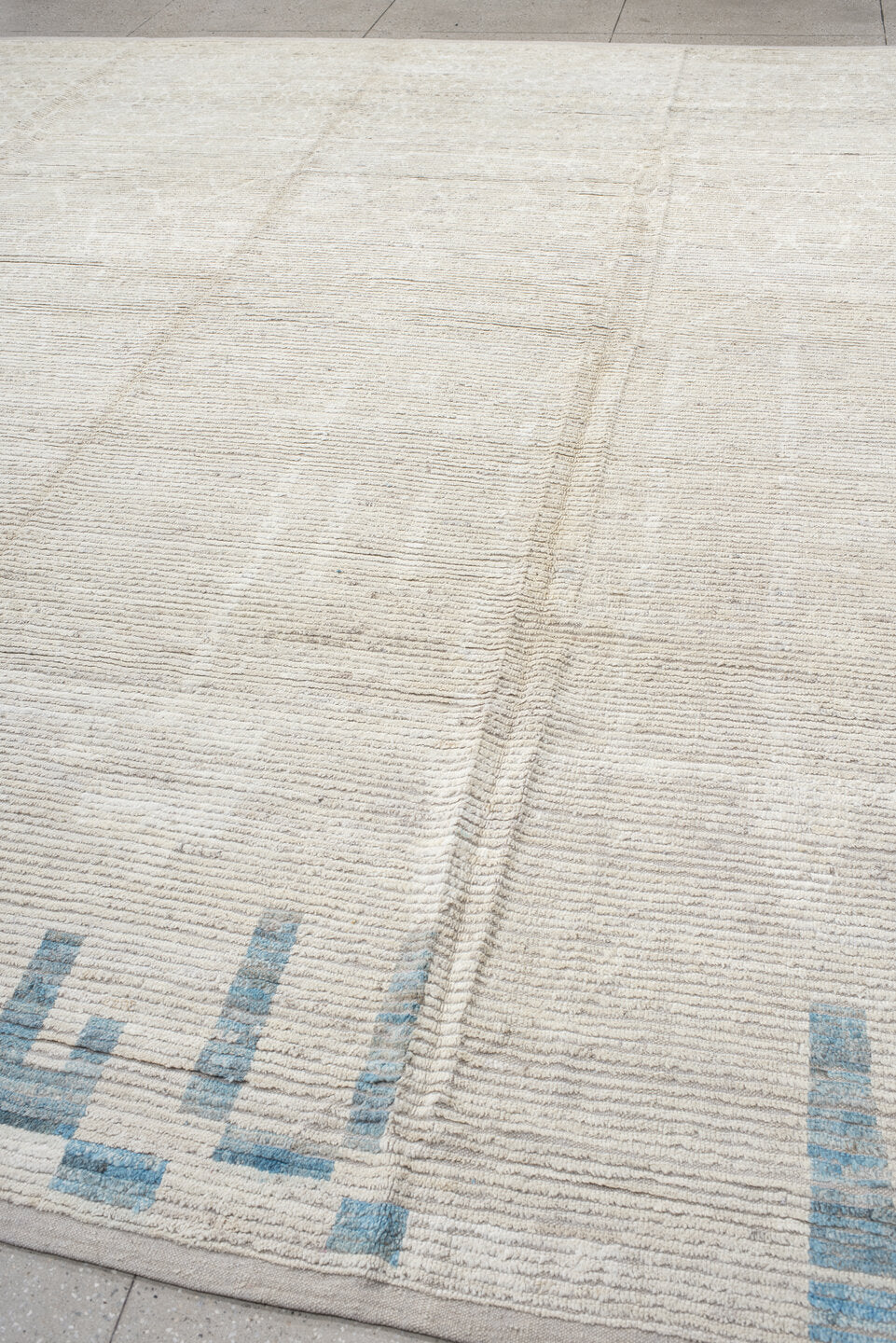 13' x 14' one-of-a-kind handmade vintage Tulu oversize rug. Color palette: ivory, cream, taupe, sky_blue, beige, gray