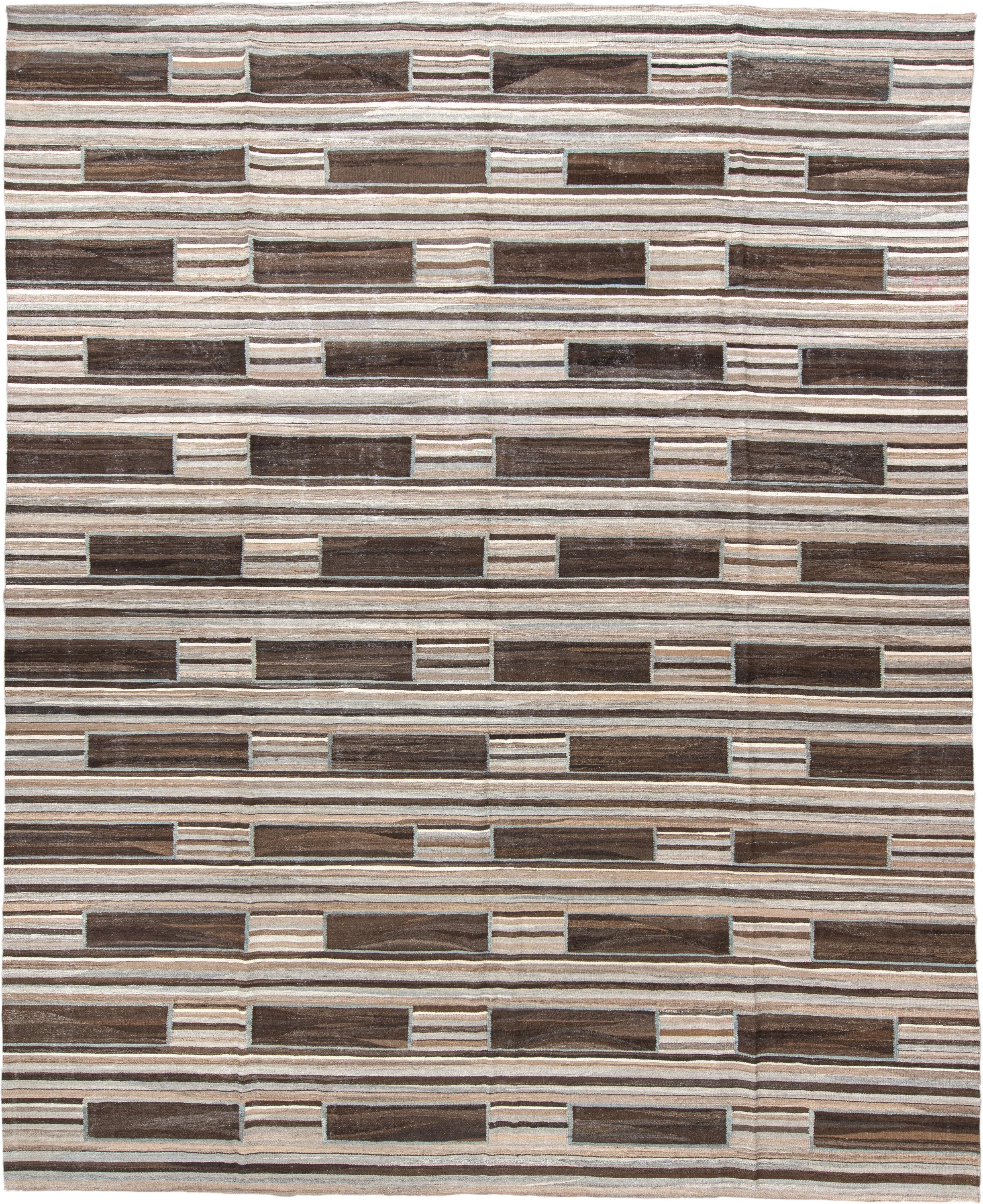 12' x 14' one-of-a-kind handmade vintage Kilim oversize rug. Color palette: brown, ivory, taupe, gray, charcoal, beige