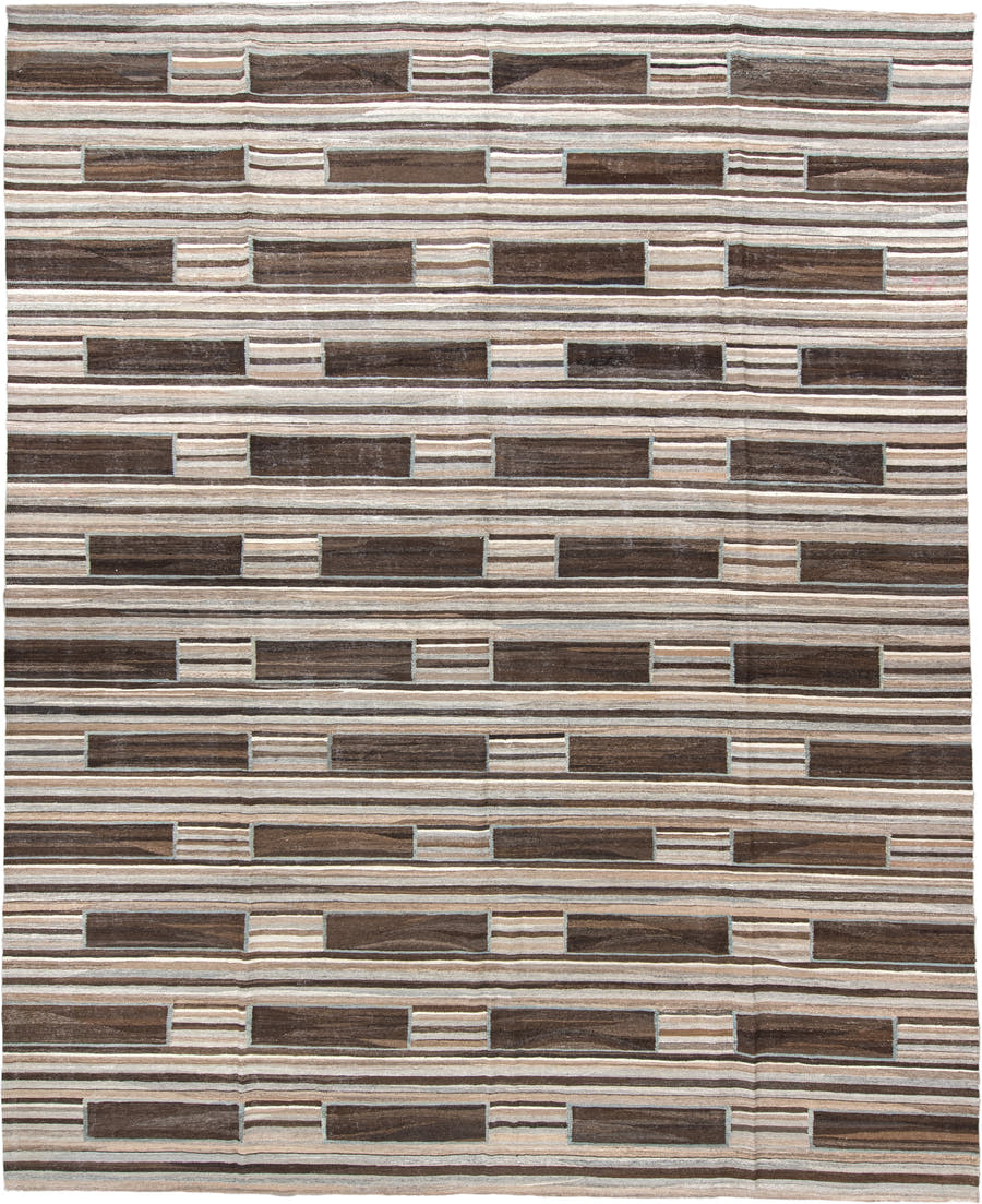 12' x 14' one-of-a-kind handmade vintage Kilim oversize rug. Color palette: brown, ivory, taupe, gray, charcoal, beige