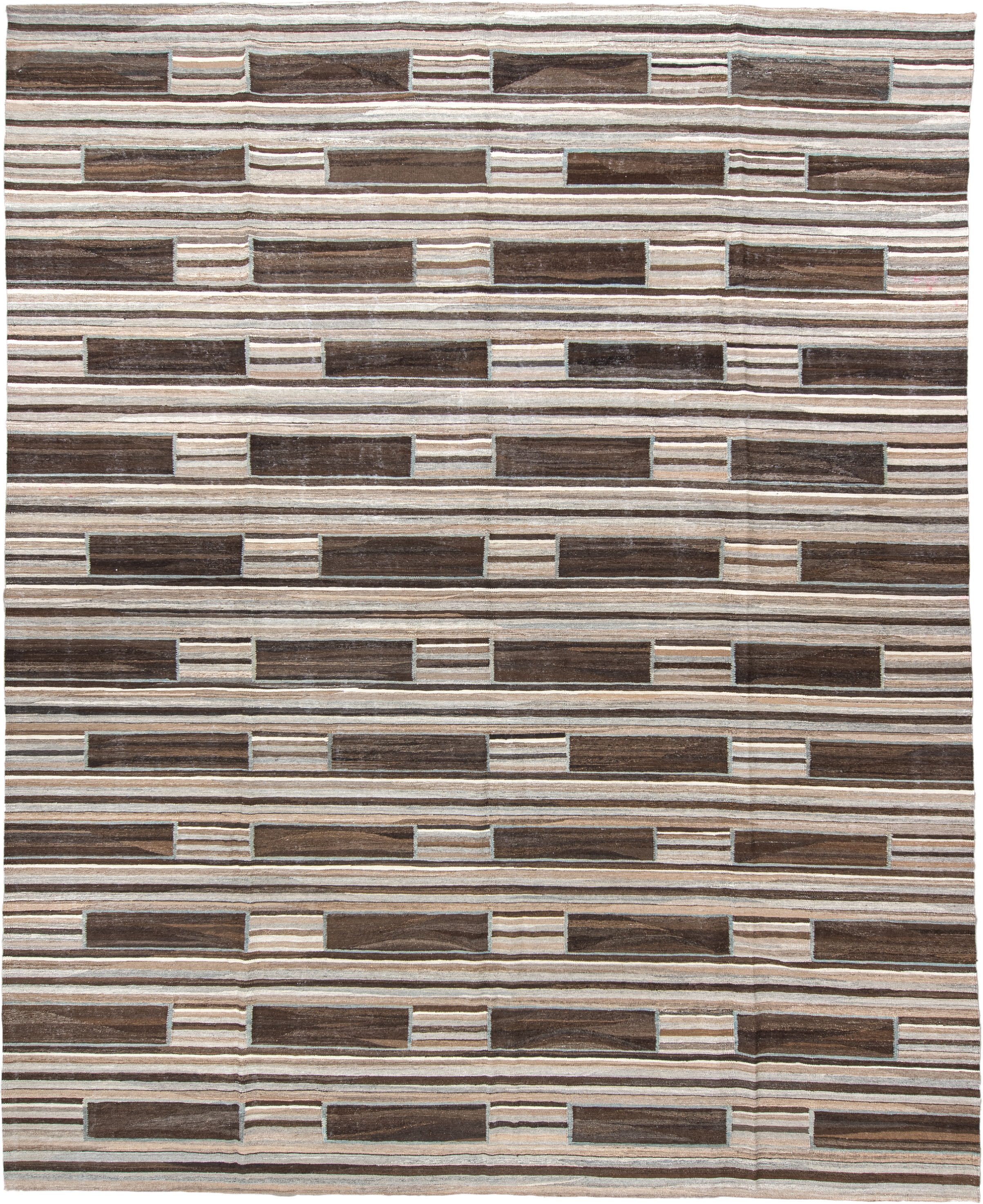 12' x 14' one-of-a-kind handmade vintage Kilim oversize rug. Color palette: brown, ivory, taupe, gray, charcoal, beige