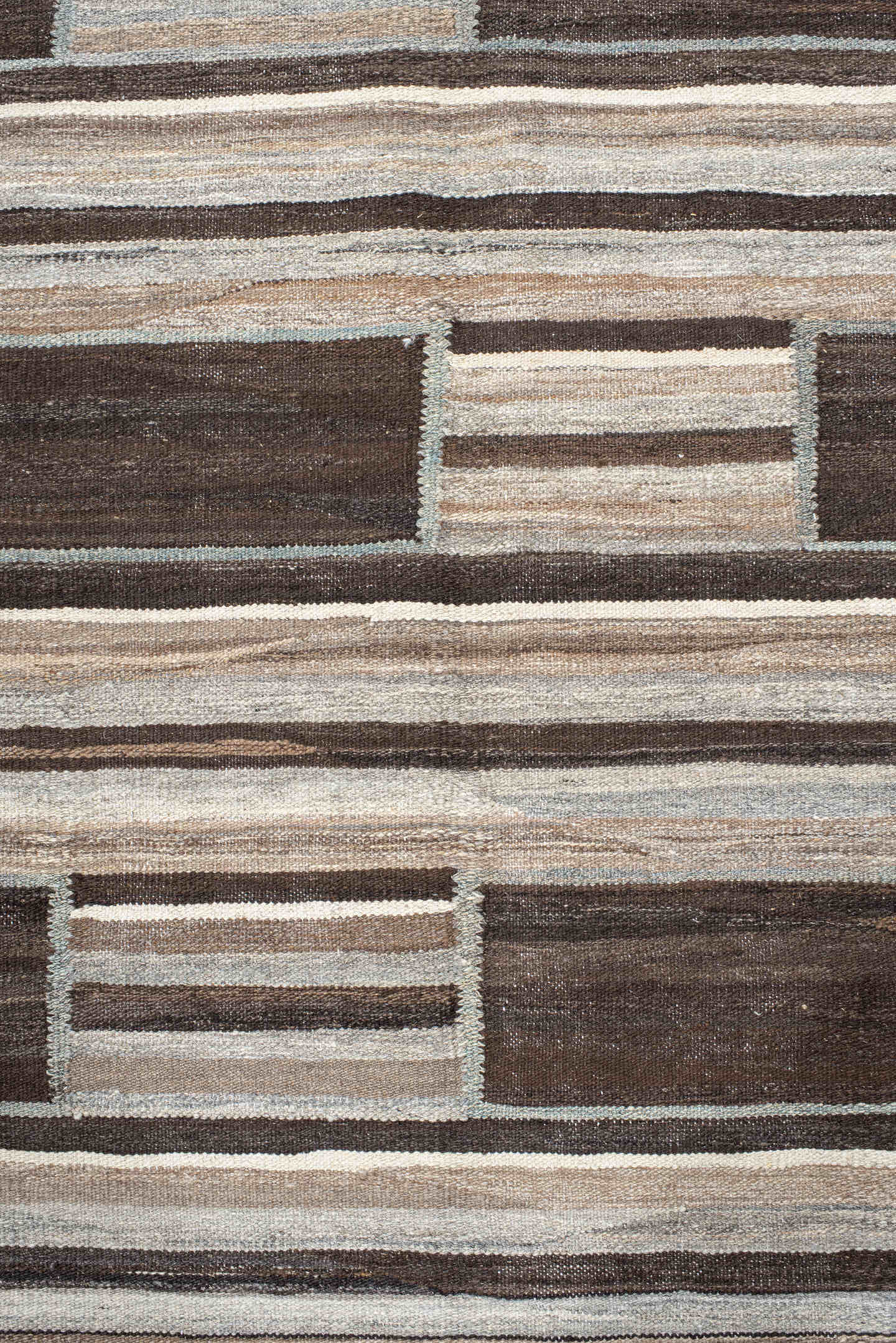 12' x 14' one-of-a-kind handmade vintage Kilim oversize rug. Color palette: brown, ivory, taupe, gray, charcoal, beige