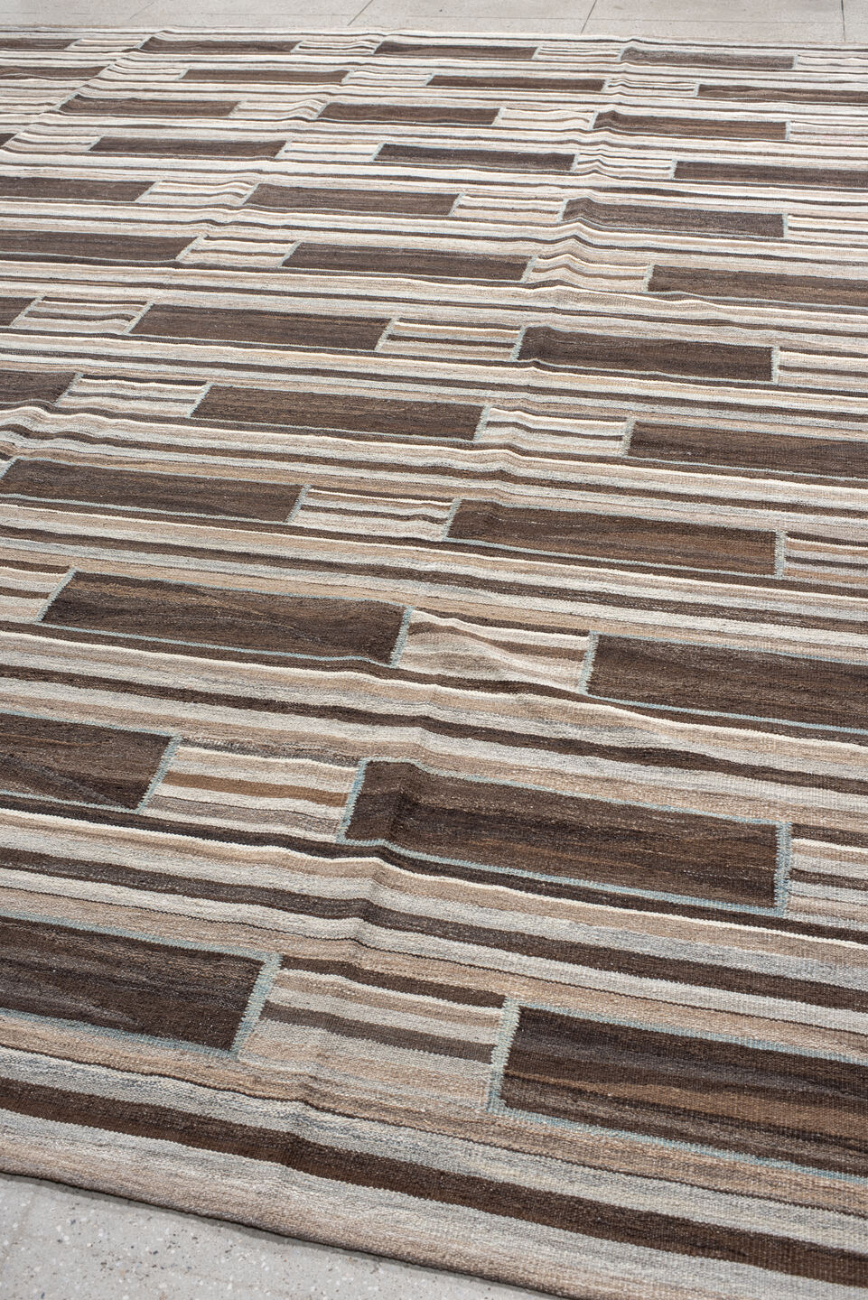 12' x 14' one-of-a-kind handmade vintage Kilim oversize rug. Color palette: brown, ivory, taupe, gray, charcoal, beige