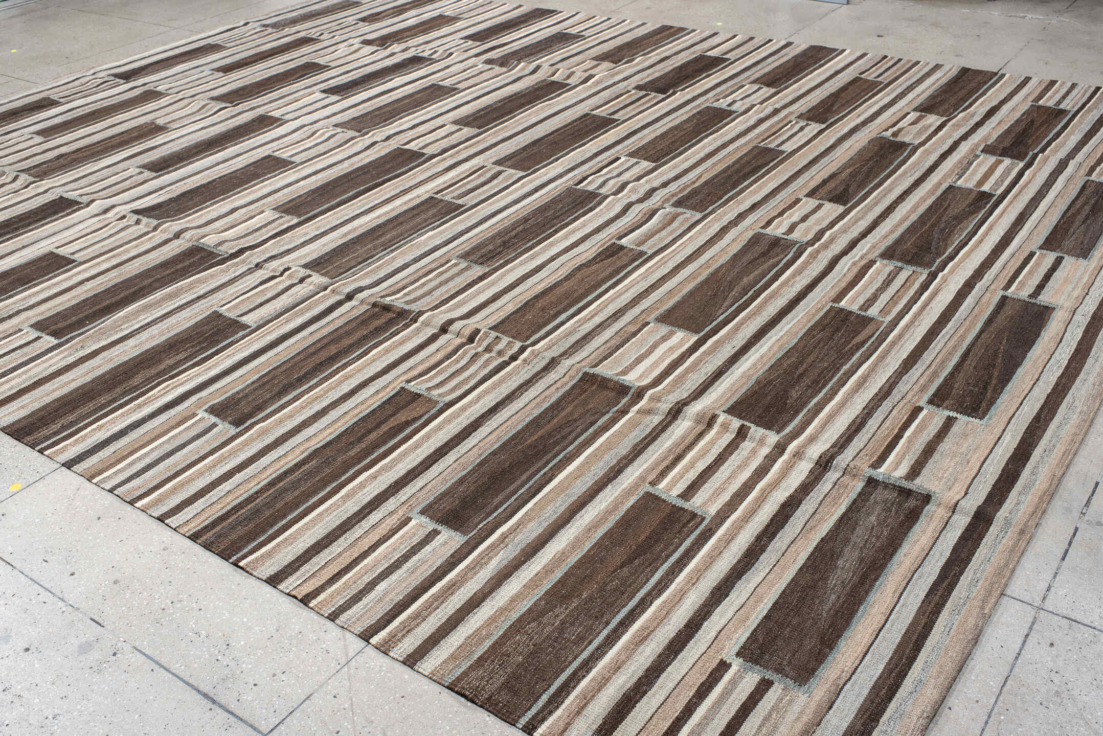 12' x 14' one-of-a-kind handmade vintage Kilim oversize rug. Color palette: brown, ivory, taupe, gray, charcoal, beige