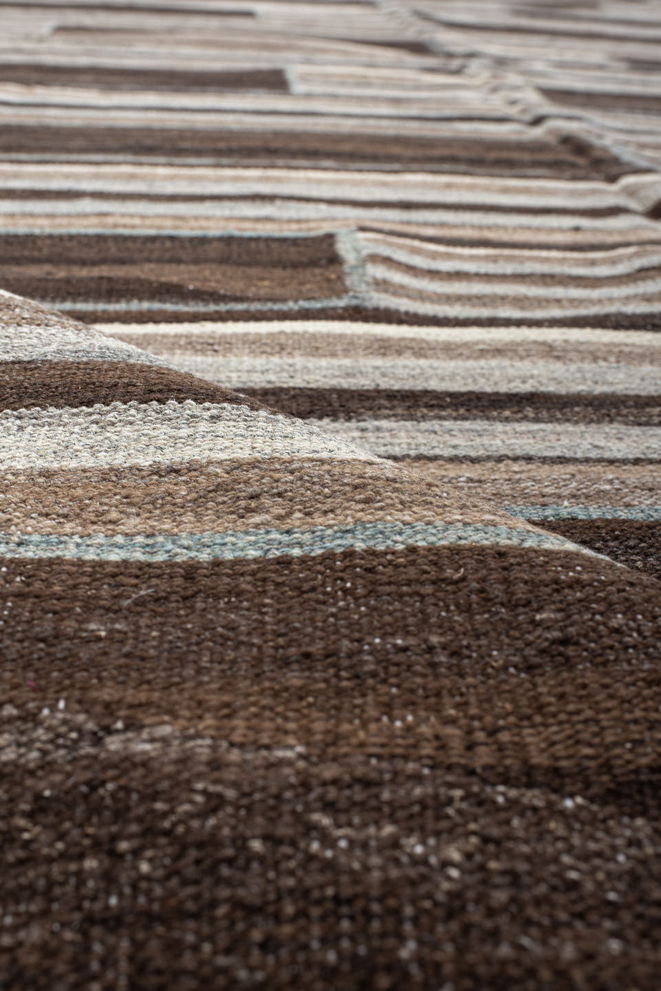 12' x 14' one-of-a-kind handmade vintage Kilim oversize rug. Color palette: brown, ivory, taupe, gray, charcoal, beige