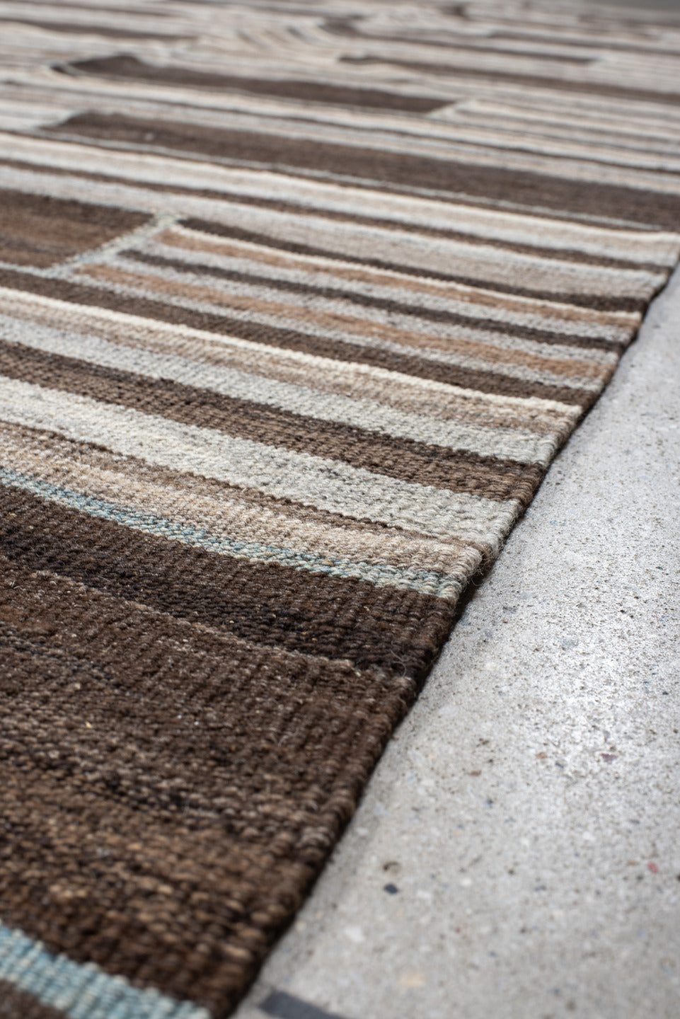 12' x 14' one-of-a-kind handmade vintage Kilim oversize rug. Color palette: brown, ivory, taupe, gray, charcoal, beige