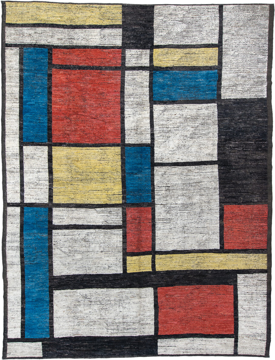 10' x 14' one-of-a-kind handmade vintage Tulu large size rug. Color palette: ivory, black, blue, red, yellow, gold