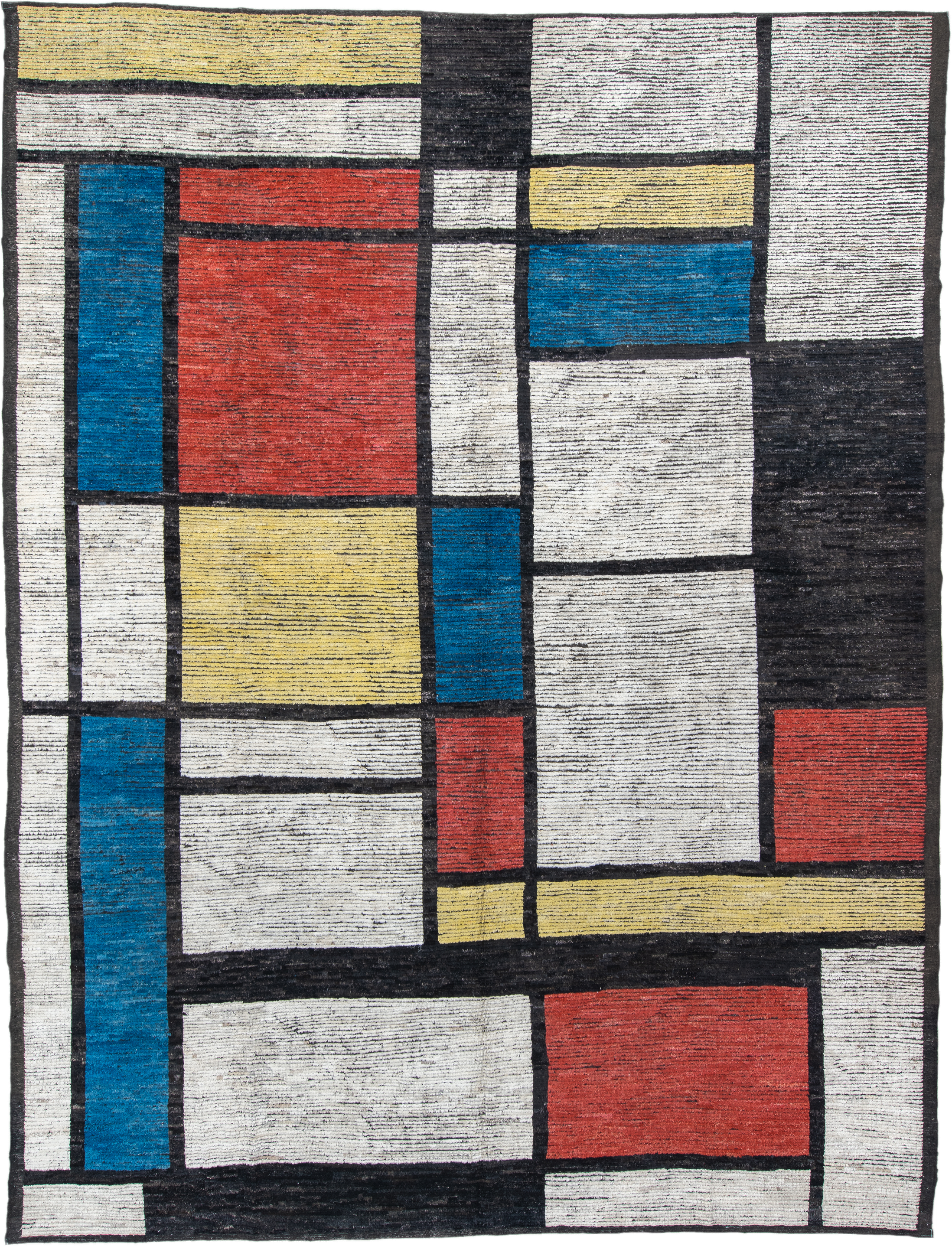 10' x 14' one-of-a-kind handmade vintage Tulu large size rug. Color palette: ivory, black, blue, red, yellow, gold