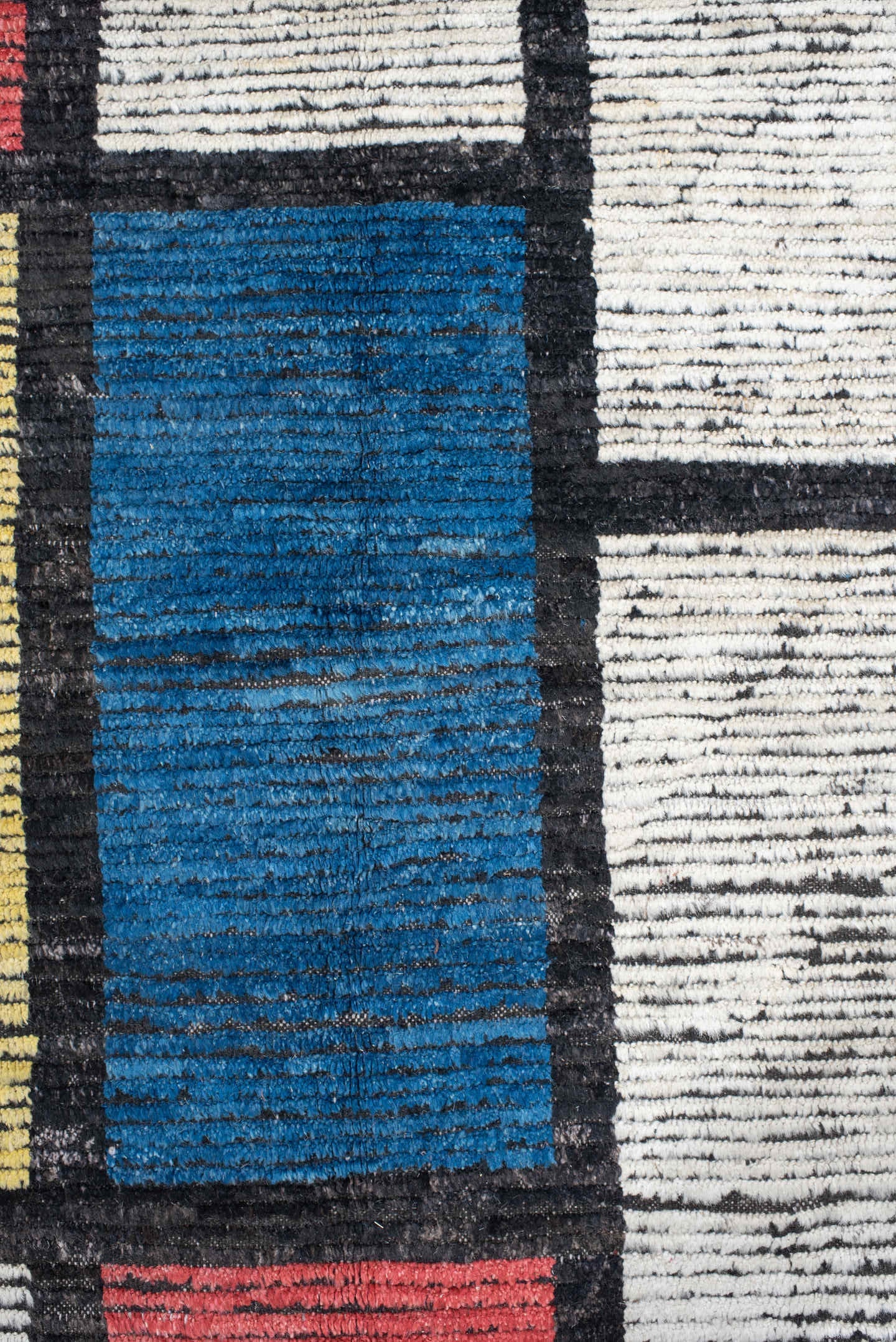 10' x 14' one-of-a-kind handmade vintage Tulu large size rug. Color palette: ivory, black, blue, red, yellow, gold