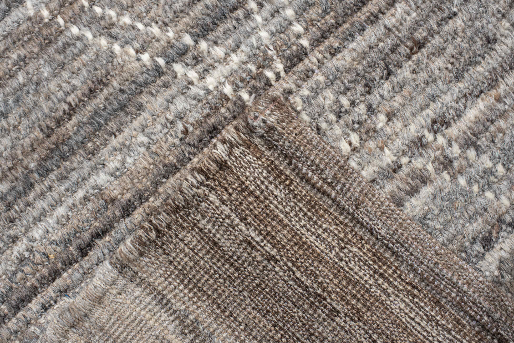 10' x 13' one-of-a-kind handmade vintage Tulu large size rug. Color palette: gray, taupe, ivory, greige, charcoal, beige