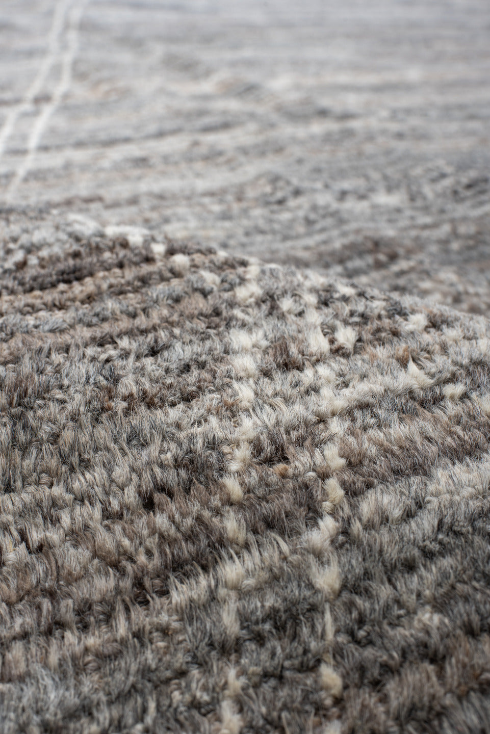 10' x 13' one-of-a-kind handmade vintage Tulu large size rug. Color palette: gray, taupe, ivory, greige, charcoal, beige