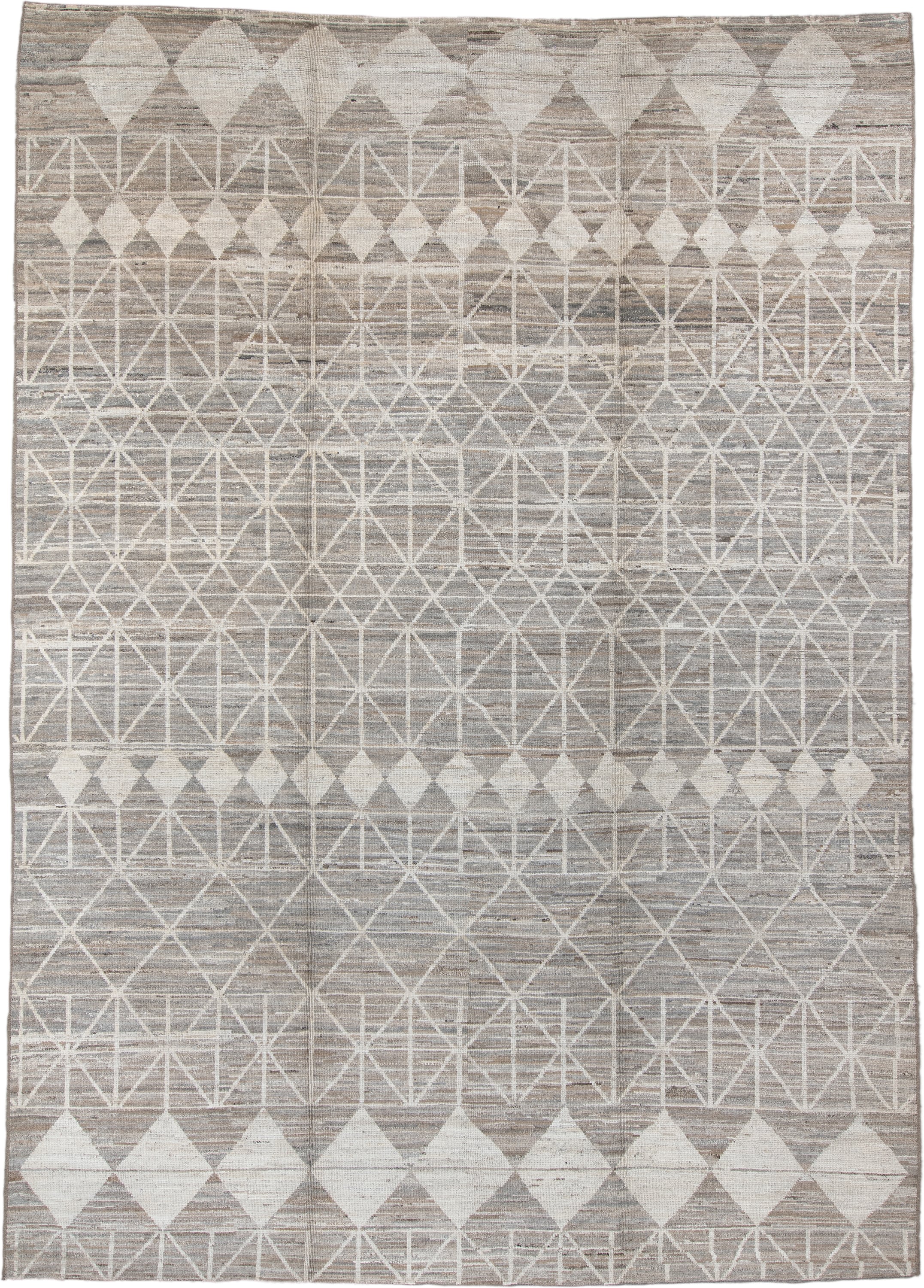 10' x 14' one-of-a-kind handmade vintage Tulu large size rug. Color palette: taupe, ivory, gray, cream, greige, beige