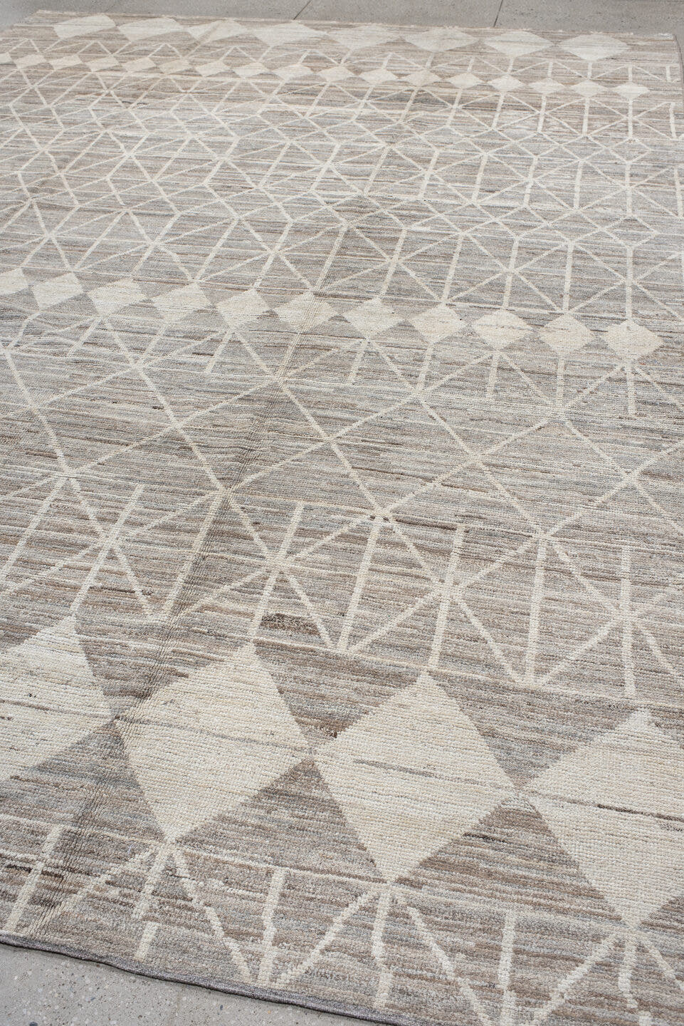 10' x 14' one-of-a-kind handmade vintage Tulu large size rug. Color palette: taupe, ivory, gray, cream, greige, beige