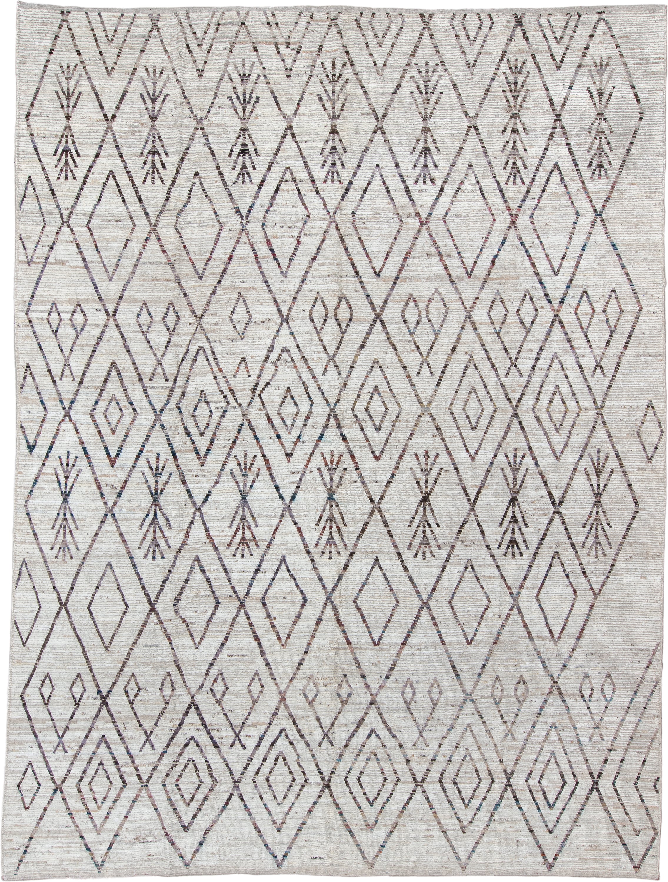 10' x 13' one-of-a-kind handmade vintage Tulu large size rug. Color palette: ivory, taupe, charcoal, slate, rose, camel